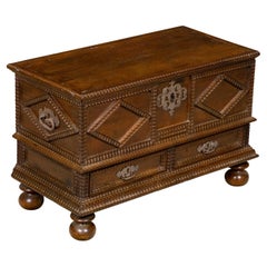 Italian 18th Century Walnut Coffer with Carved Diamond Motifs and Drawers
