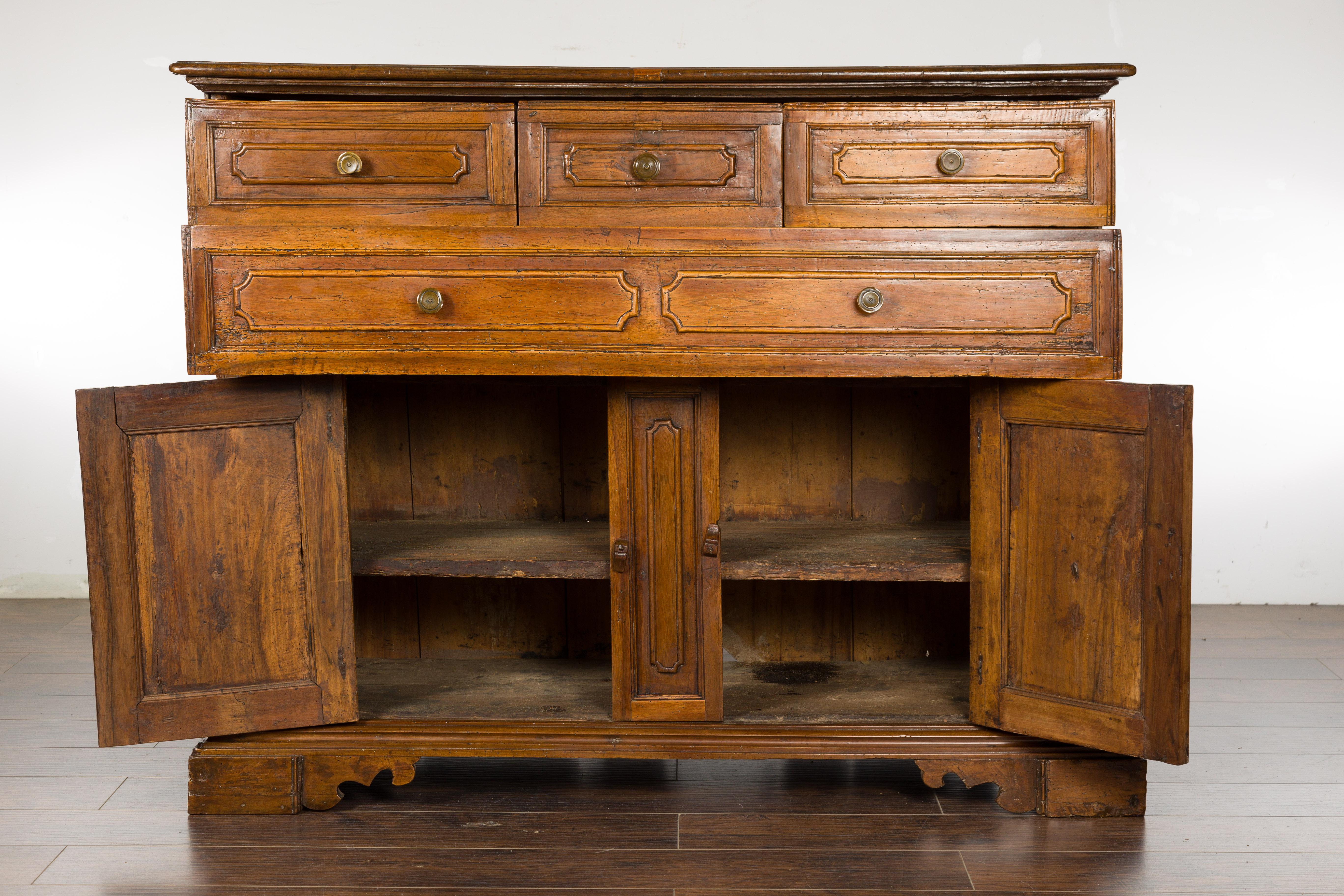 Italian 18th Century Walnut Credenza with Four Drawers, Two Doors, Bracket Feet For Sale 8