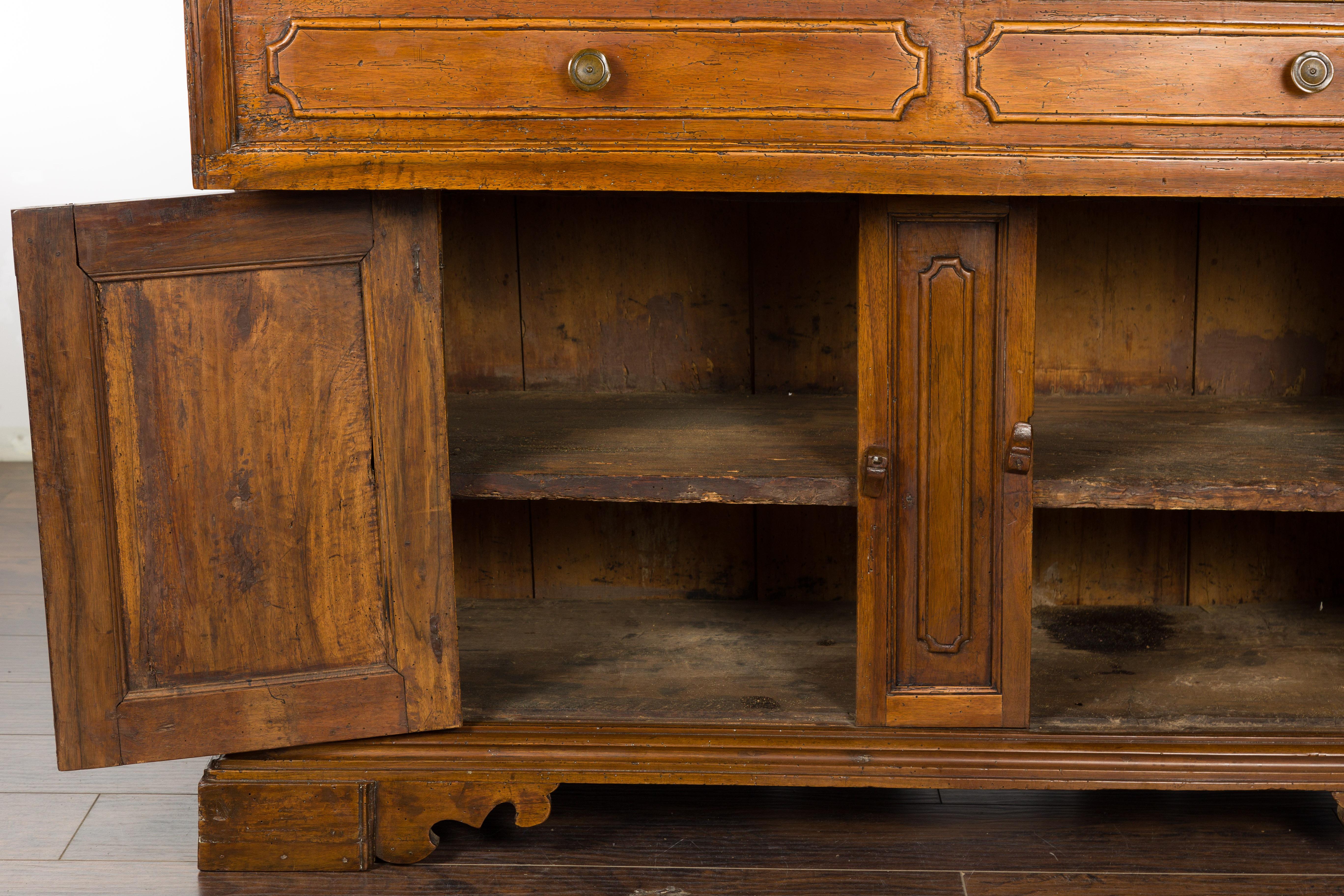 Italian 18th Century Walnut Credenza with Four Drawers, Two Doors, Bracket Feet For Sale 10