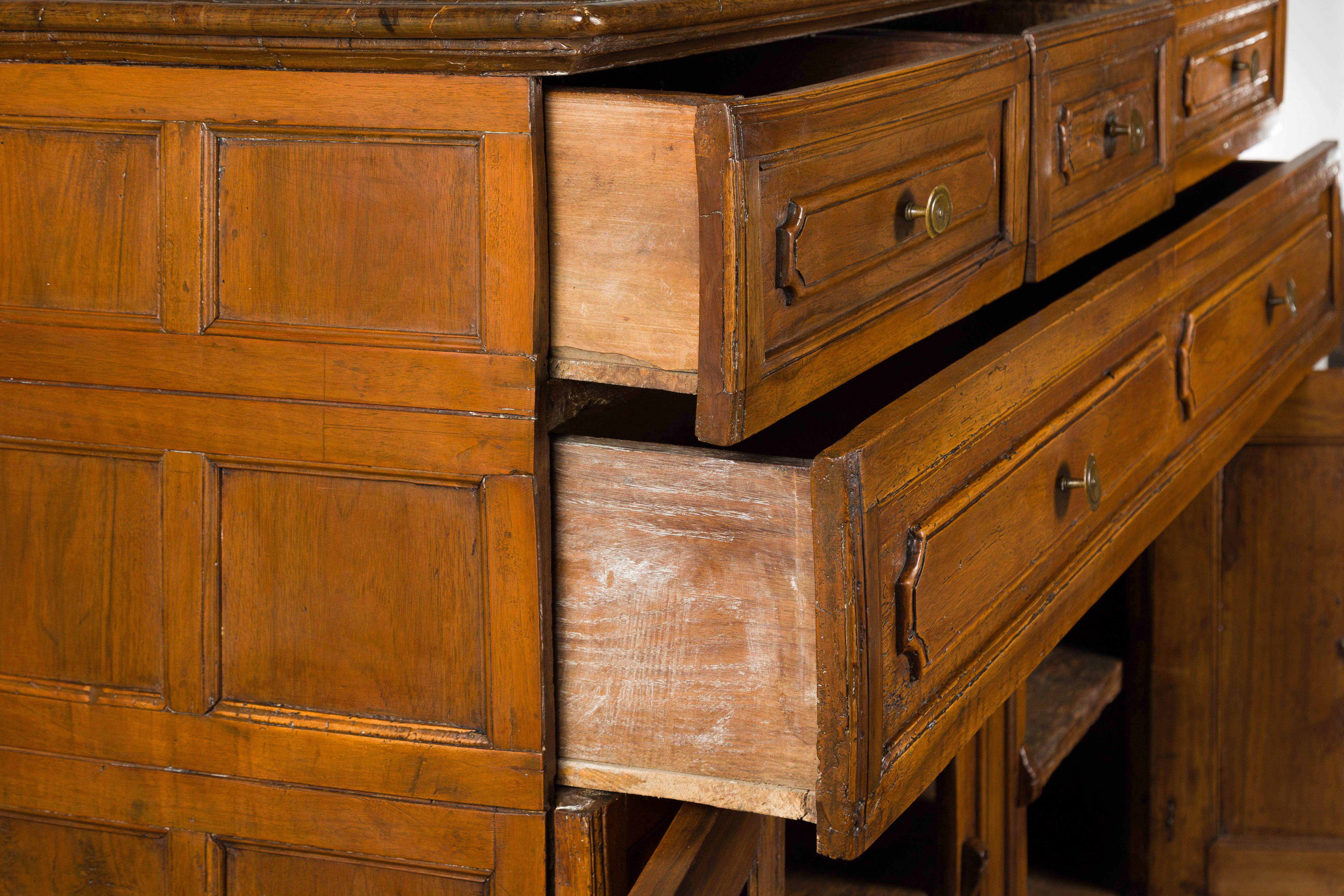Italian 18th Century Walnut Credenza with Four Drawers, Two Doors, Bracket Feet For Sale 11