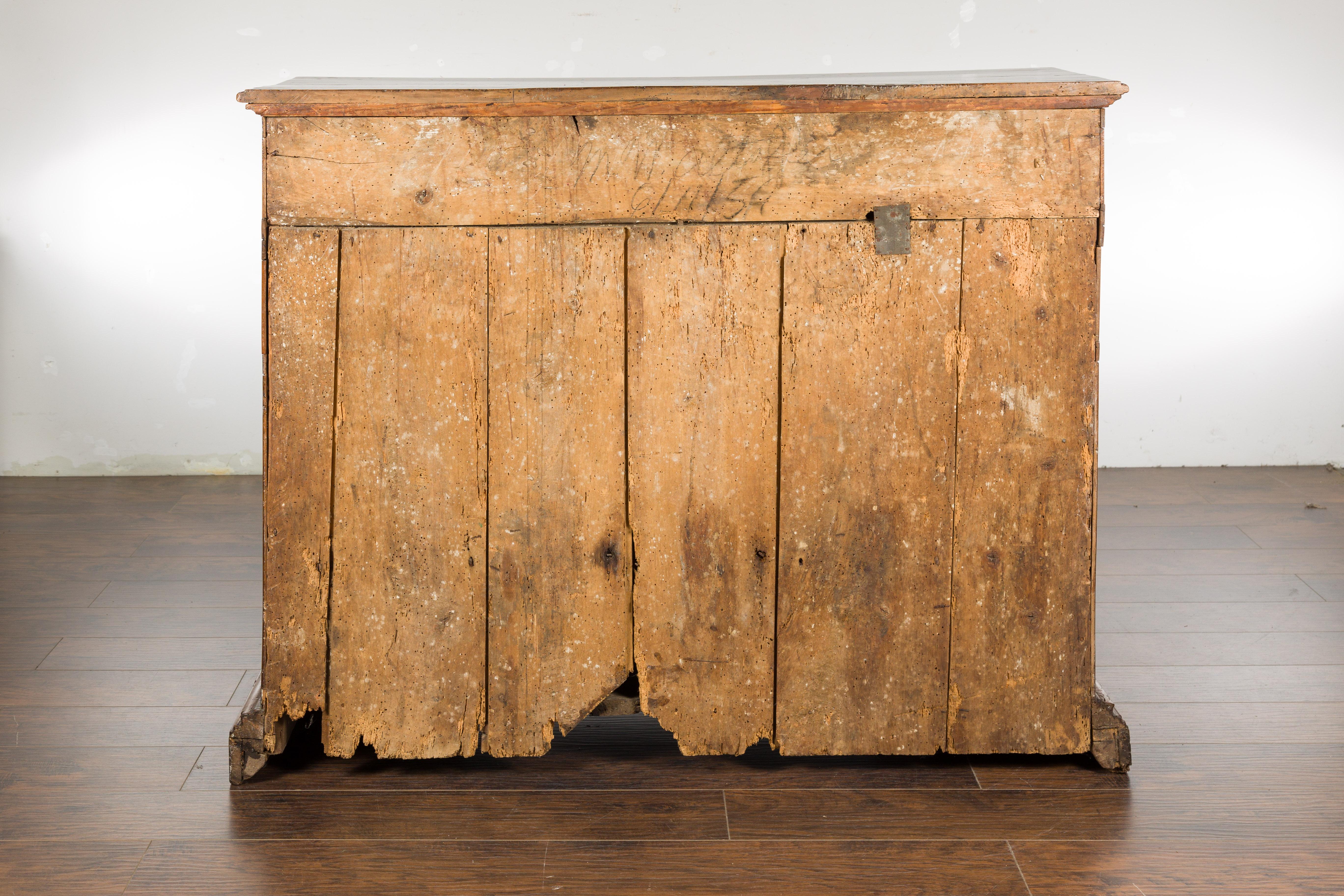 Italian 18th Century Walnut Credenza with Four Drawers, Two Doors, Bracket Feet For Sale 14