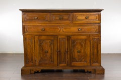 Italian 18th Century Walnut Credenza with Four Drawers, Two Doors, Bracket Feet