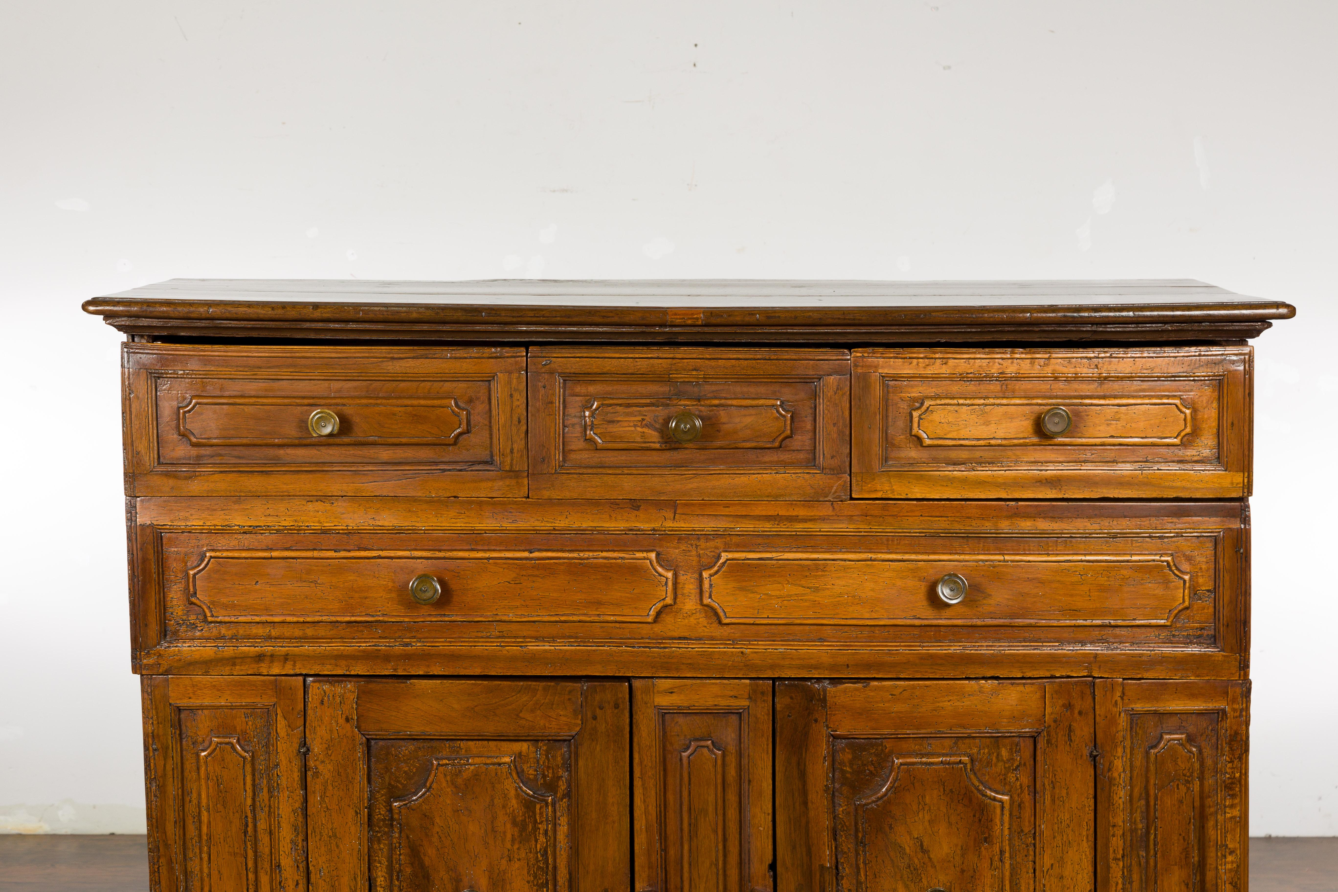 Italian 18th Century Walnut Credenza with Four Drawers, Two Doors, Bracket Feet For Sale 1