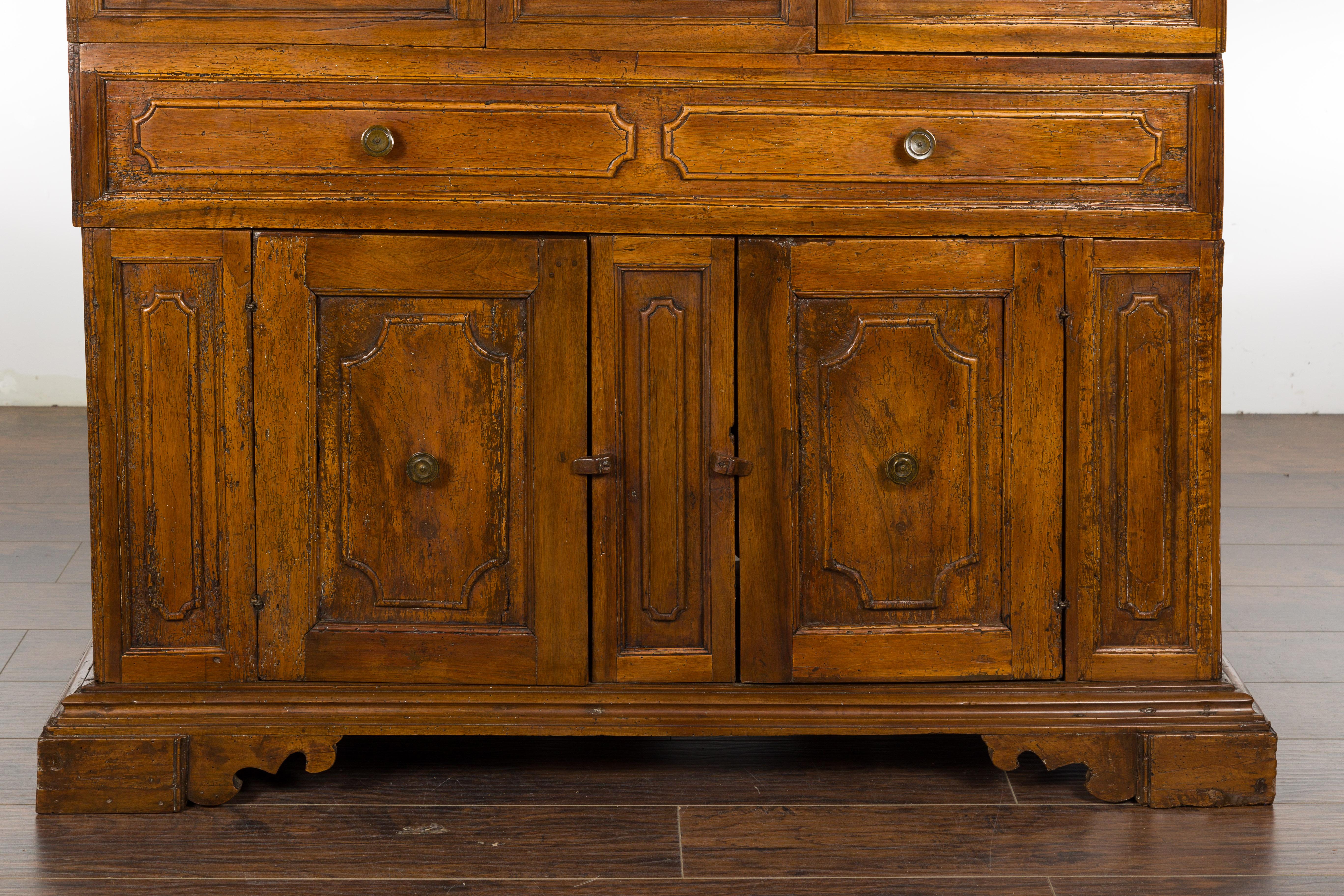 Italian 18th Century Walnut Credenza with Four Drawers, Two Doors, Bracket Feet For Sale 2