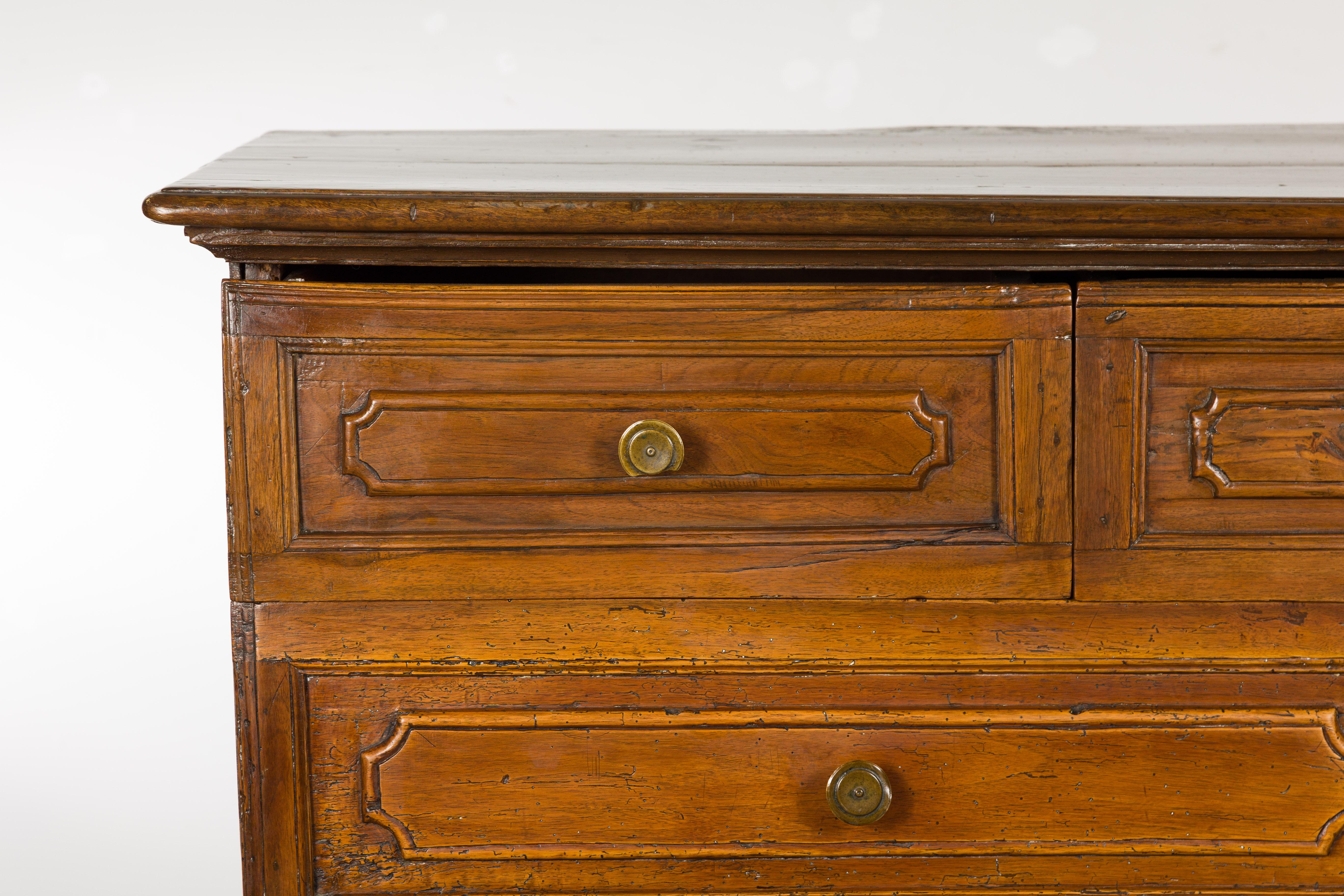Italian 18th Century Walnut Credenza with Four Drawers, Two Doors, Bracket Feet For Sale 3