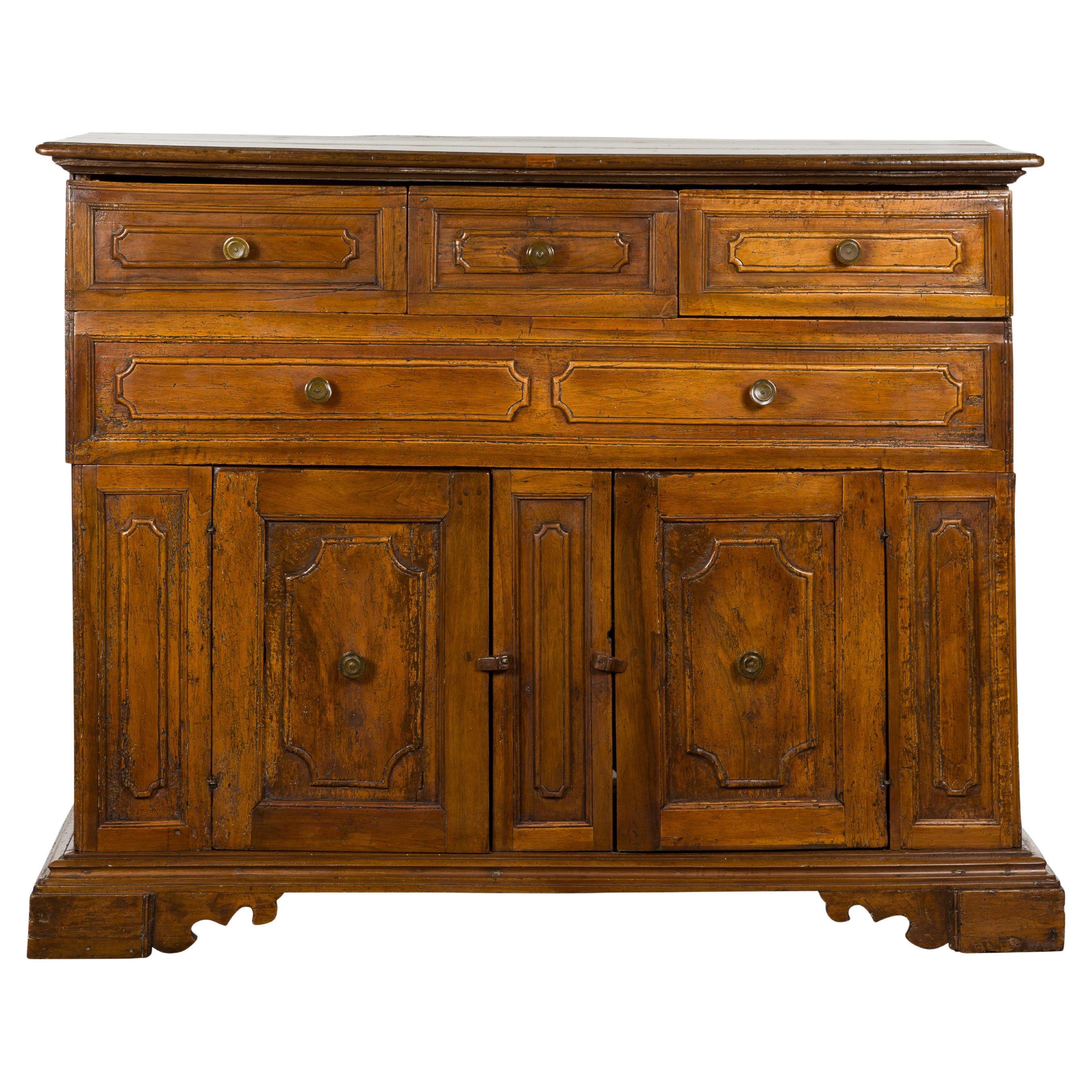 Italian 18th Century Walnut Credenza with Four Drawers, Two Doors, Bracket Feet For Sale