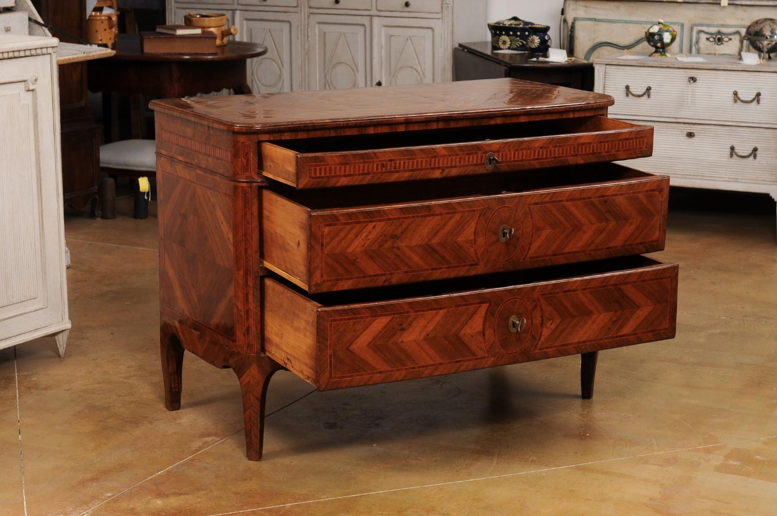 18th Century and Earlier Italian 18th Century Walnut, Mahogany and Cherry Three-Drawer Marquetry Commode For Sale
