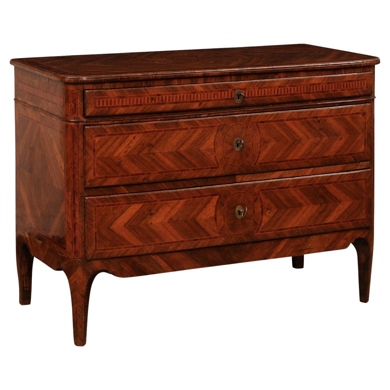 Italian 18th Century Walnut, Mahogany and Cherry Three-Drawer Marquetry Commode For Sale