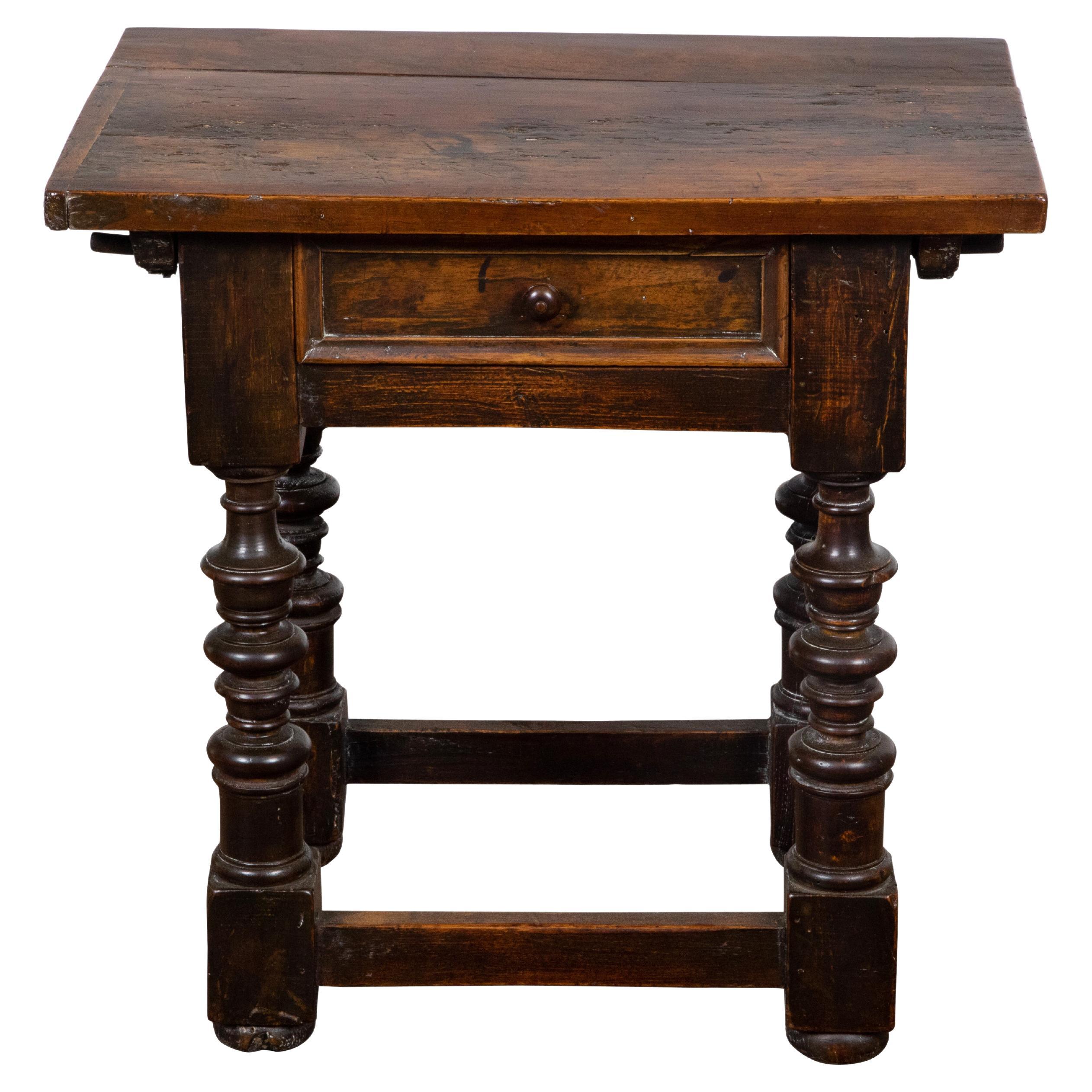 Italian 18th Century Walnut Side Table with Turned Legs and Single Drawer