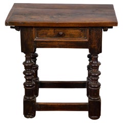 Used Italian 18th Century Walnut Side Table with Turned Legs and Single Drawer