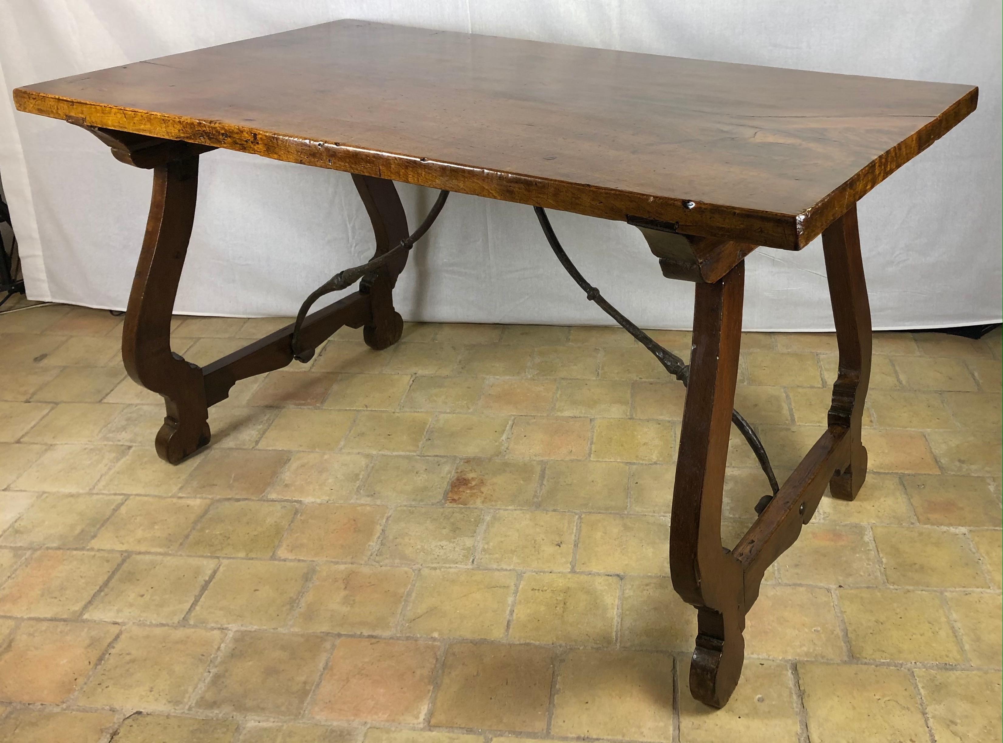 Hand-Crafted Italian 18th Century Rustic Walnut Trestle Console or Center Table For Sale