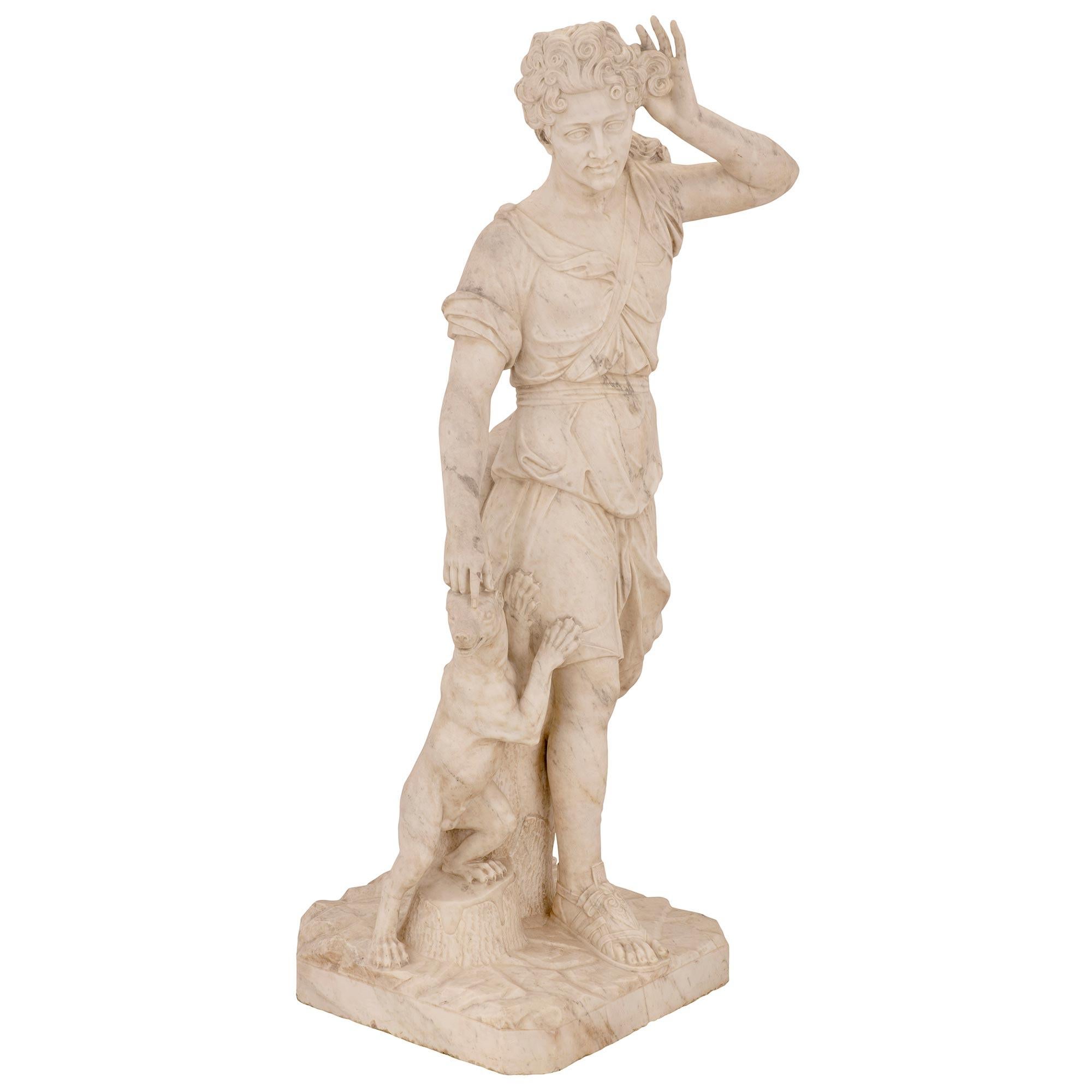 Italian 18th Century White Carrara Marble Statue of Diana and Her Dog In Good Condition For Sale In West Palm Beach, FL