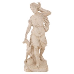Statue italienne de Diane et son chien en marbre blanc de Carrare du 18ème siècle
