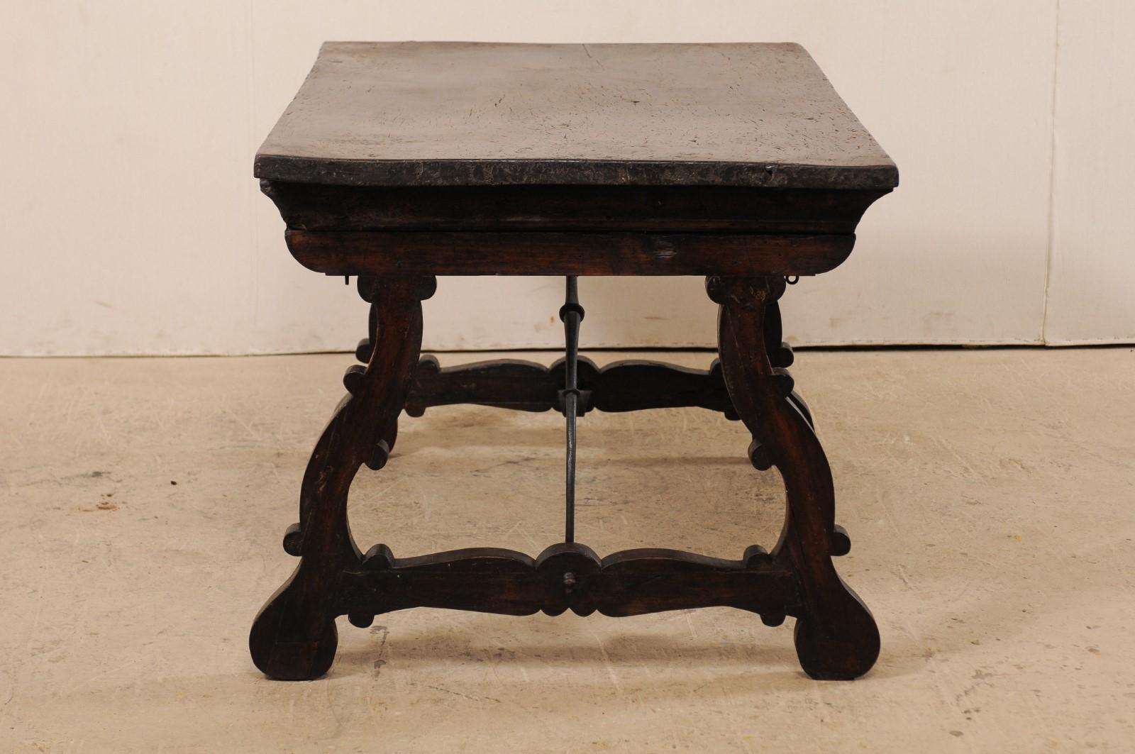 An 18th Century Walnut Wood Trestle Table with Arched Iron Stretcher from Italy 1
