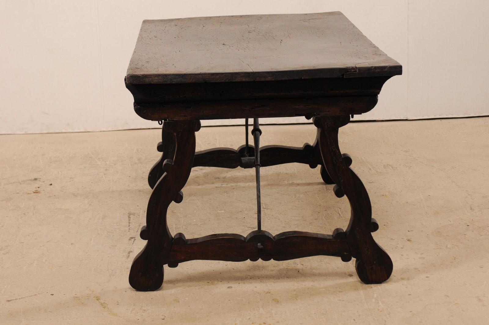 An 18th Century Walnut Wood Trestle Table with Arched Iron Stretcher from Italy 2