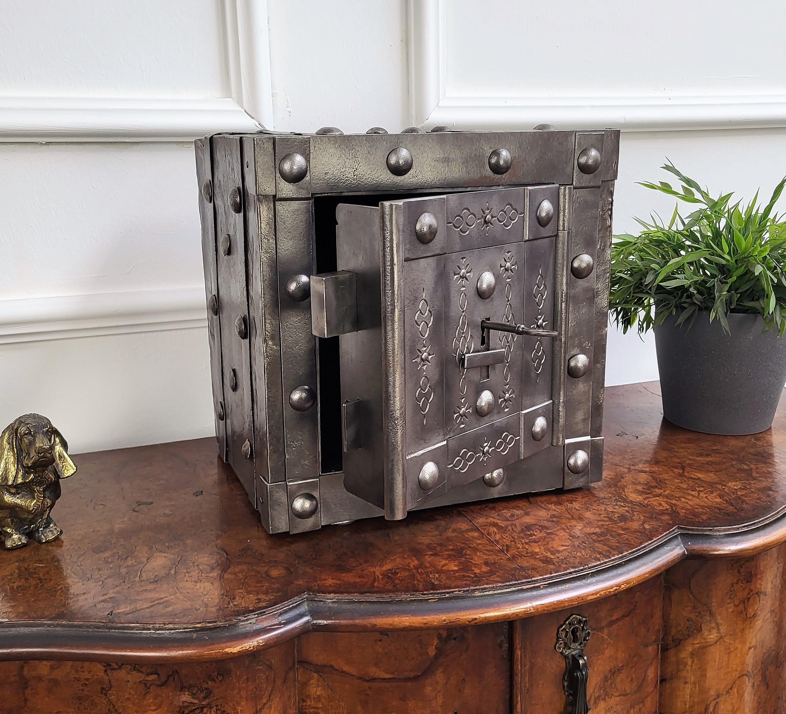 Metal Italian 18th Century Wrought Iron Studded Antique Safe Strong Box