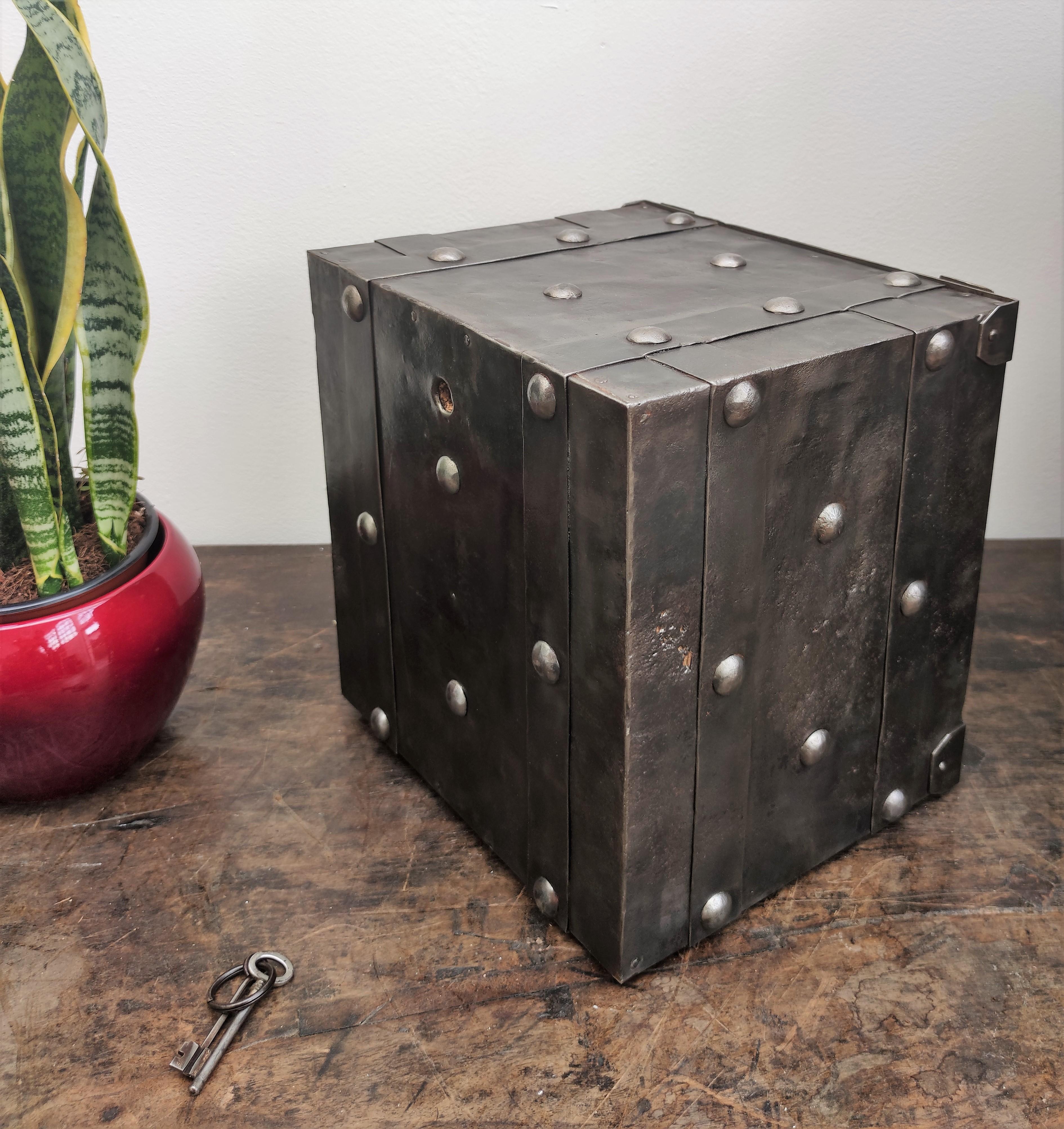 Italian 18th Century Wrought Iron Studded Antique Safe Strong Box 1