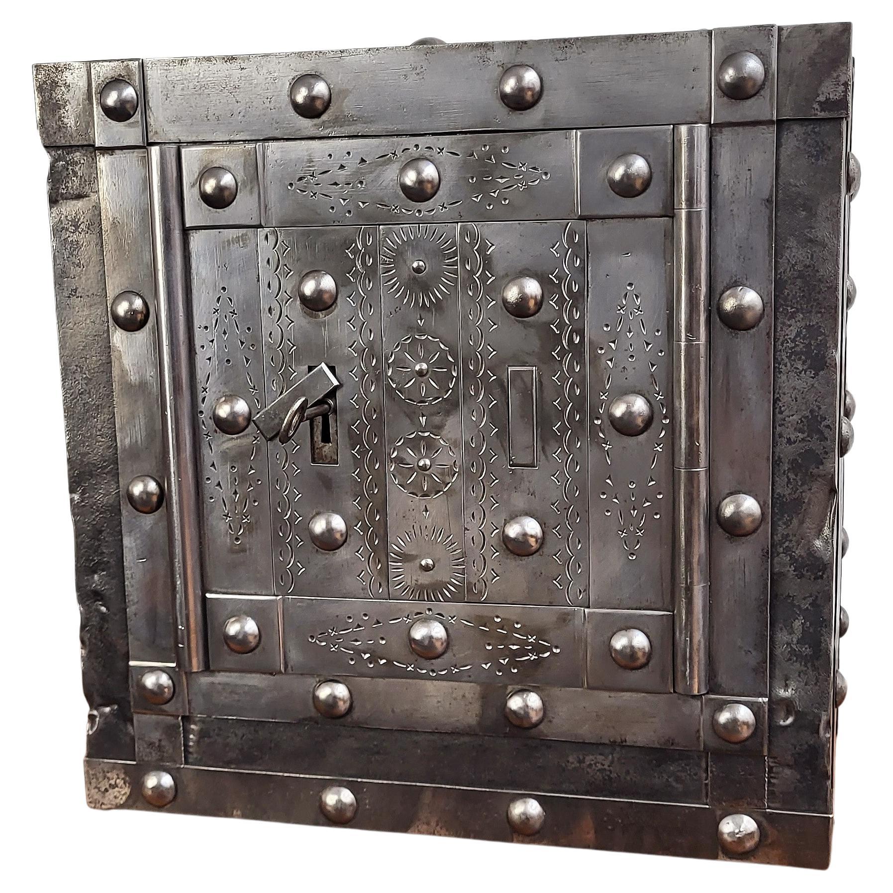 Italian 18th Century Wrought Iron Studded Antique Safe Strong Box