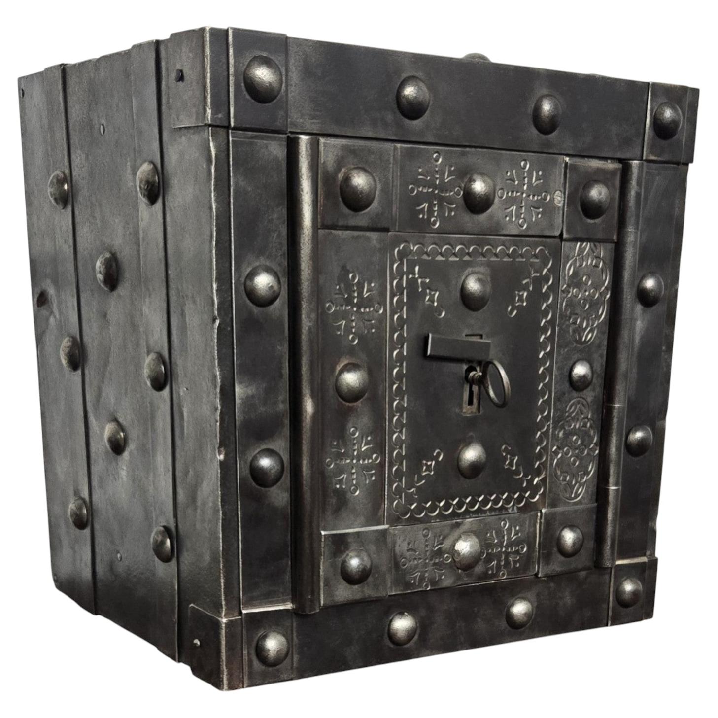Italian 18th Century Wrought Iron Studded Antique Safe Strong Box
