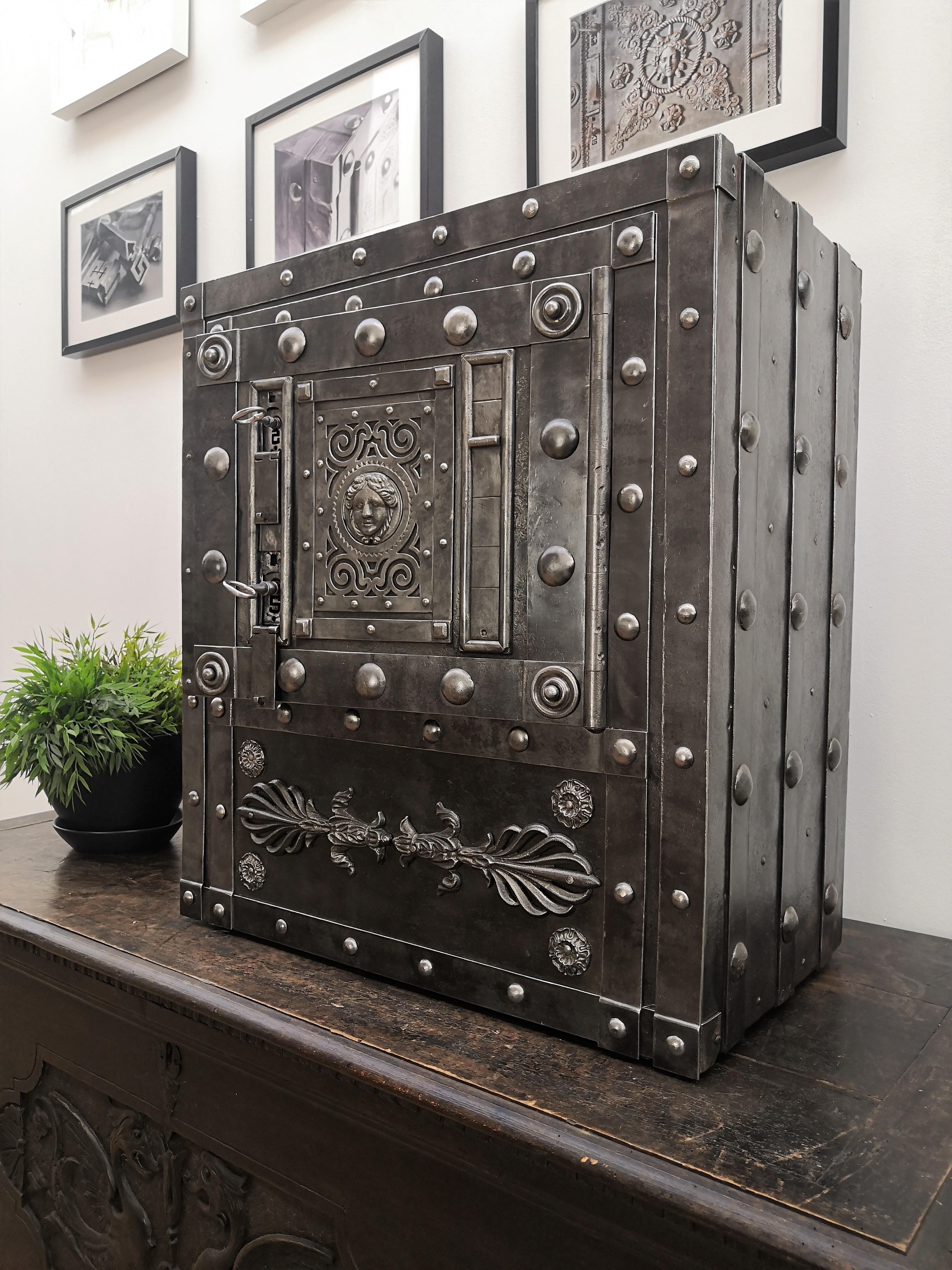 Metal Italian 18th Century Wrought Iron Studded Antique Safe Strongbox Cabinet