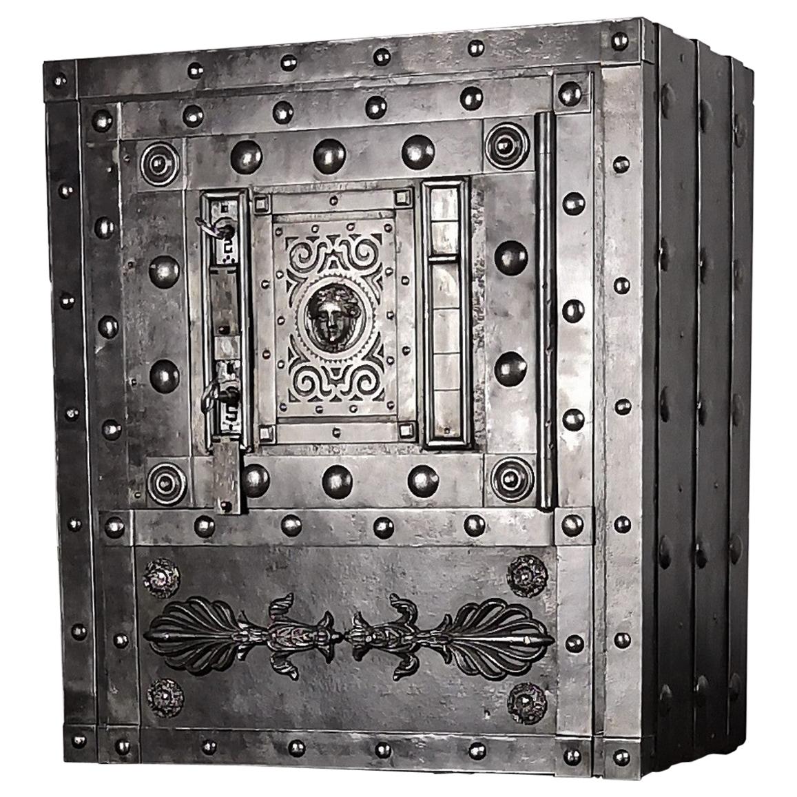 Italian 18th Century Wrought Iron Studded Antique Safe Strongbox Cabinet