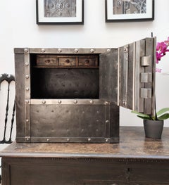 Italian 18th Century Wrought Iron Studded Antique Safe Strongbox Dry Bar Cabinet