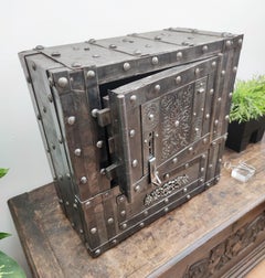 Italian 18th Century Wrought Iron Studded Antique Safe Strongbox Dry Bar Cabinet