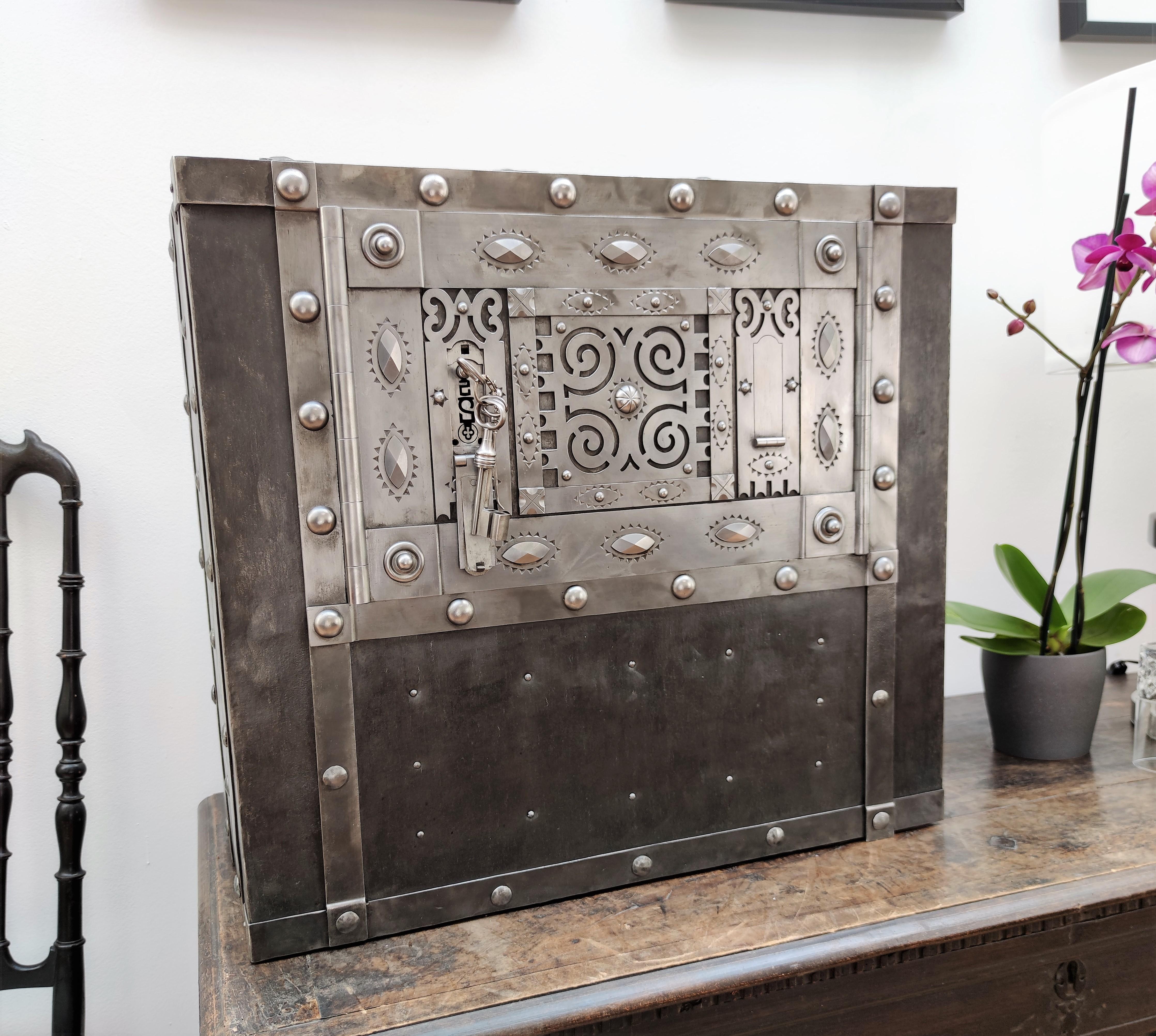 Industrial Italian 18th Century Wrought Iron Studded Antique Safe Strongbox Dry Bar Cabinet
