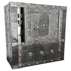 Italian 18th Century Wrought Iron Studded Antique Safe Strongbox Dry Bar Cabinet