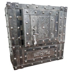 Italian 18th Century Wrought Iron Studded Used Safe Strongbox Dry Bar Cabinet