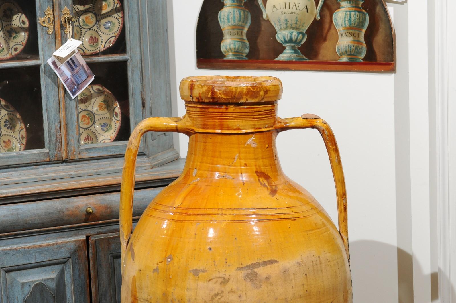 18th Century and Earlier Italian 18th Century Yellow Glazed Olive Oil Jar with Large Double Handles