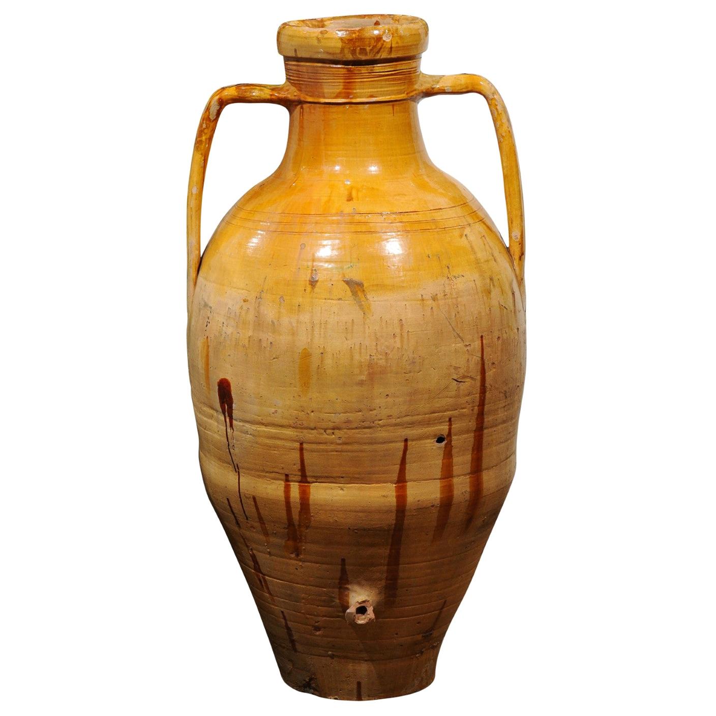 Italian 18th Century Yellow Glazed Olive Oil Jar with Large Double Handles