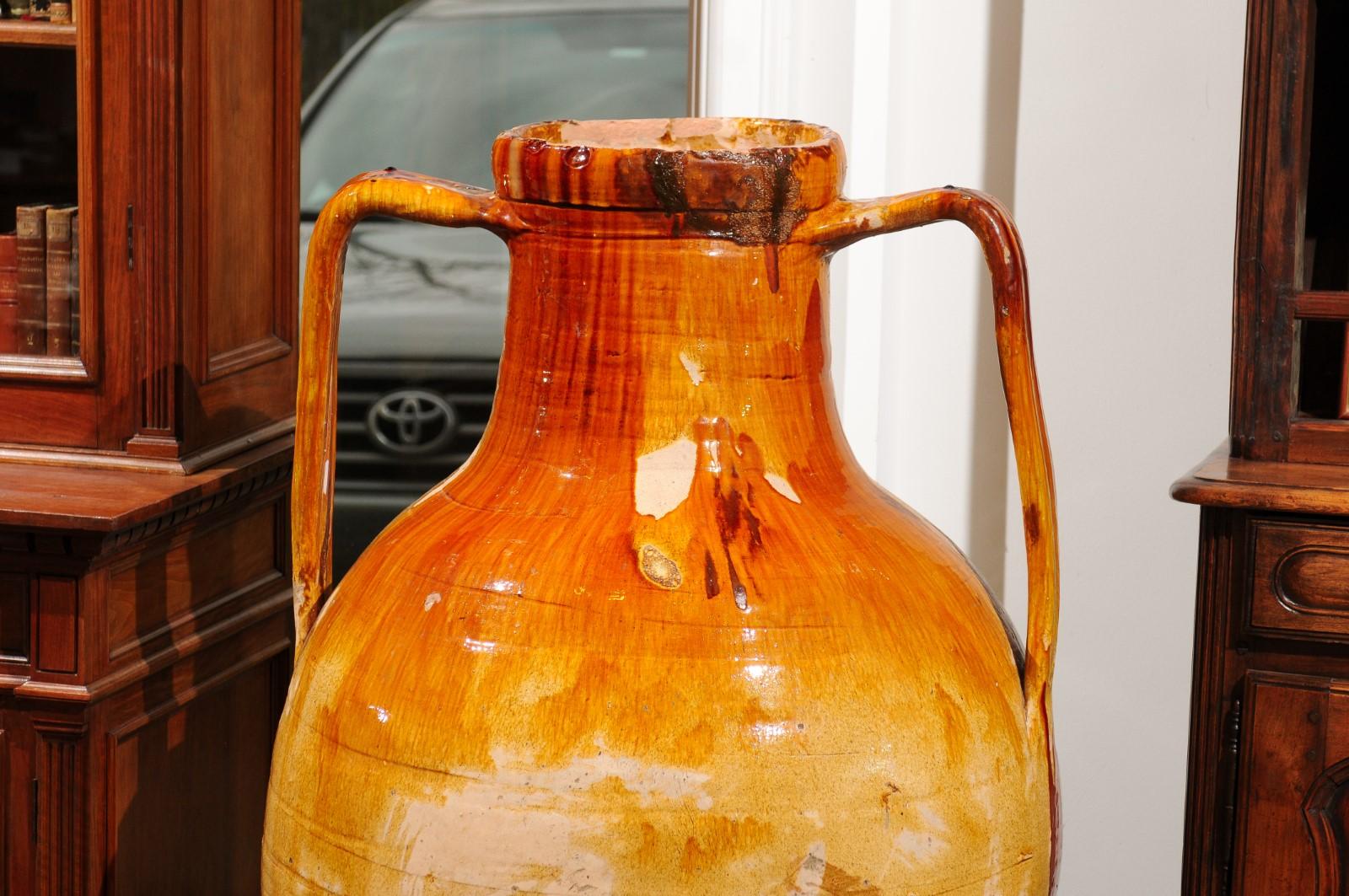 18th Century and Earlier Italian 18th Century Yellow Glazed Two-Handled Olive Oil Jar with Patina