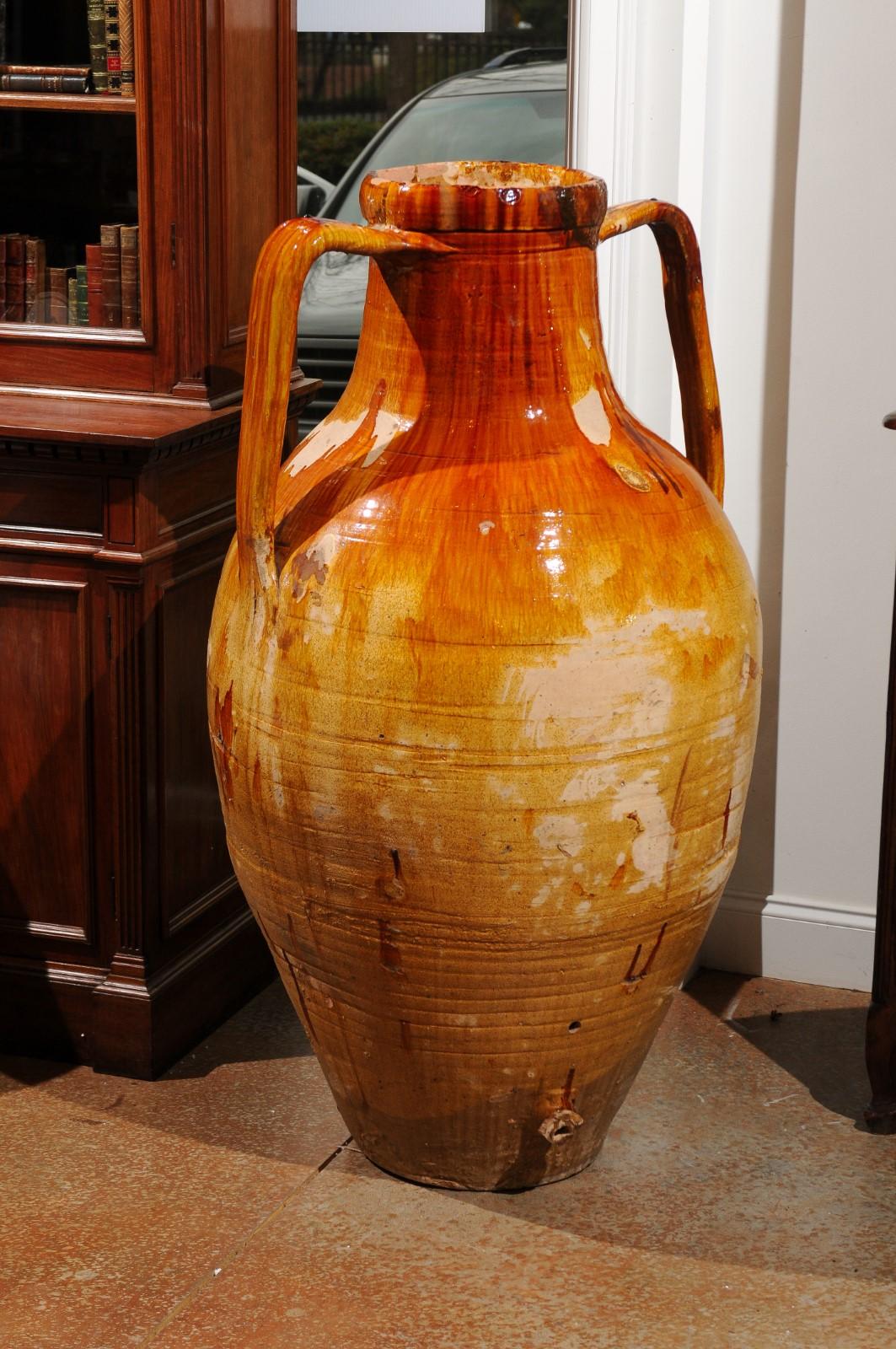 Italian 18th Century Yellow Glazed Two-Handled Olive Oil Jar with Patina 1
