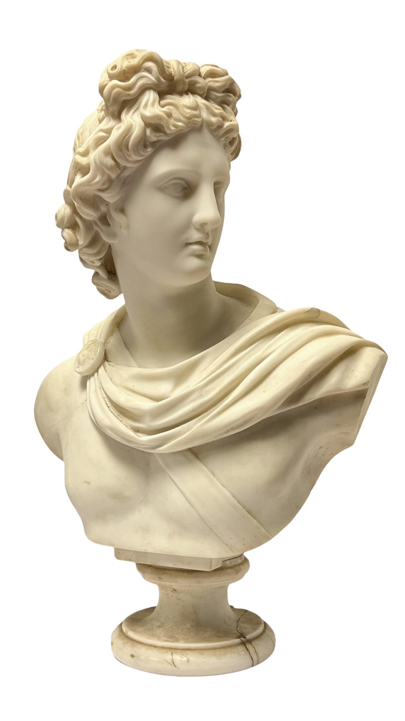 Very finely carved Italian 19 century marble bust of Apollo.
Signed on the back: 