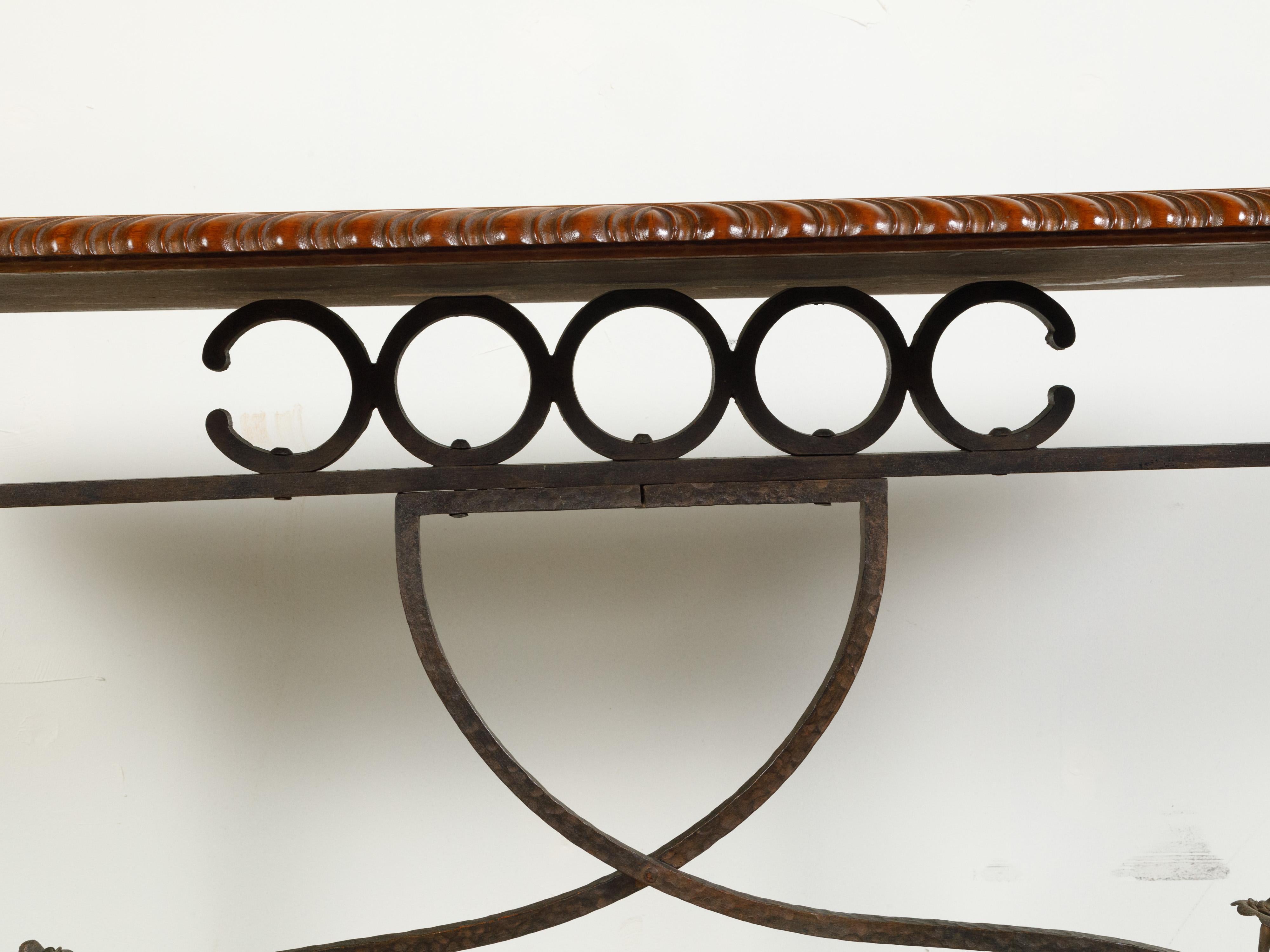 Italian 1900s Console Table with Walnut Butterfly Veneered Top and Iron Base For Sale 8