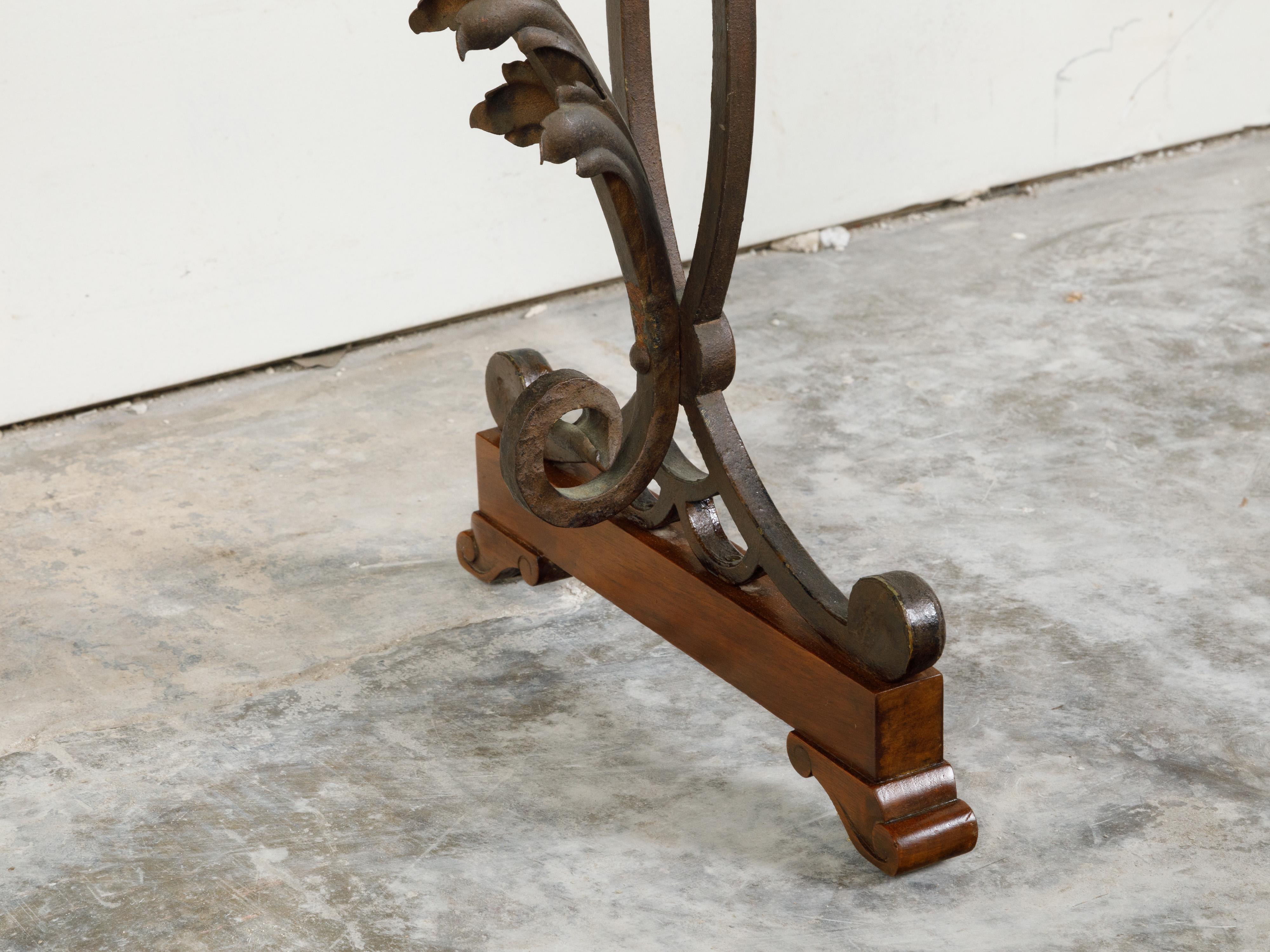 Italian 1900s Console Table with Walnut Butterfly Veneered Top and Iron Base For Sale 9