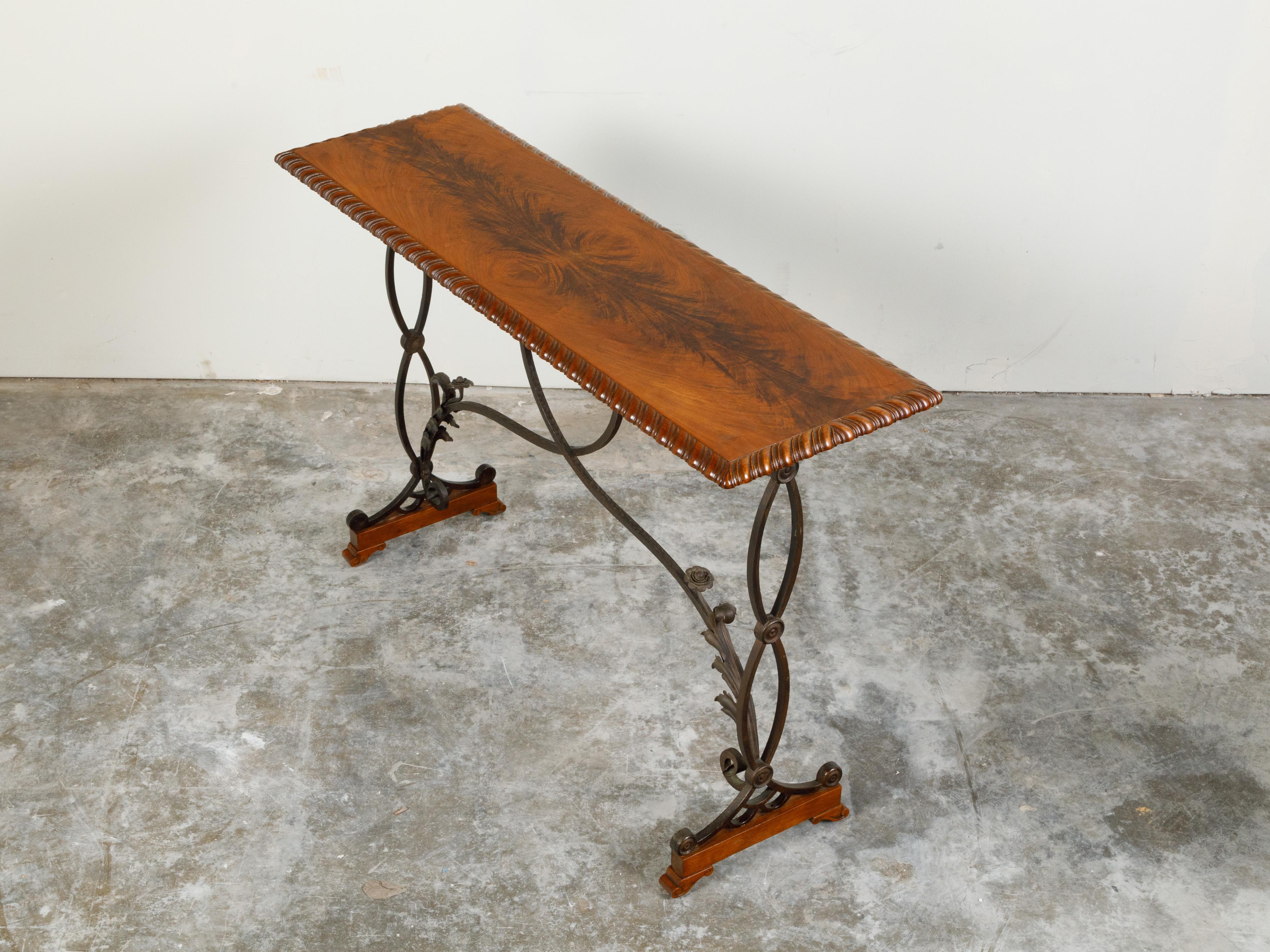Italian 1900s Console Table with Walnut Butterfly Veneered Top and Iron Base For Sale 10