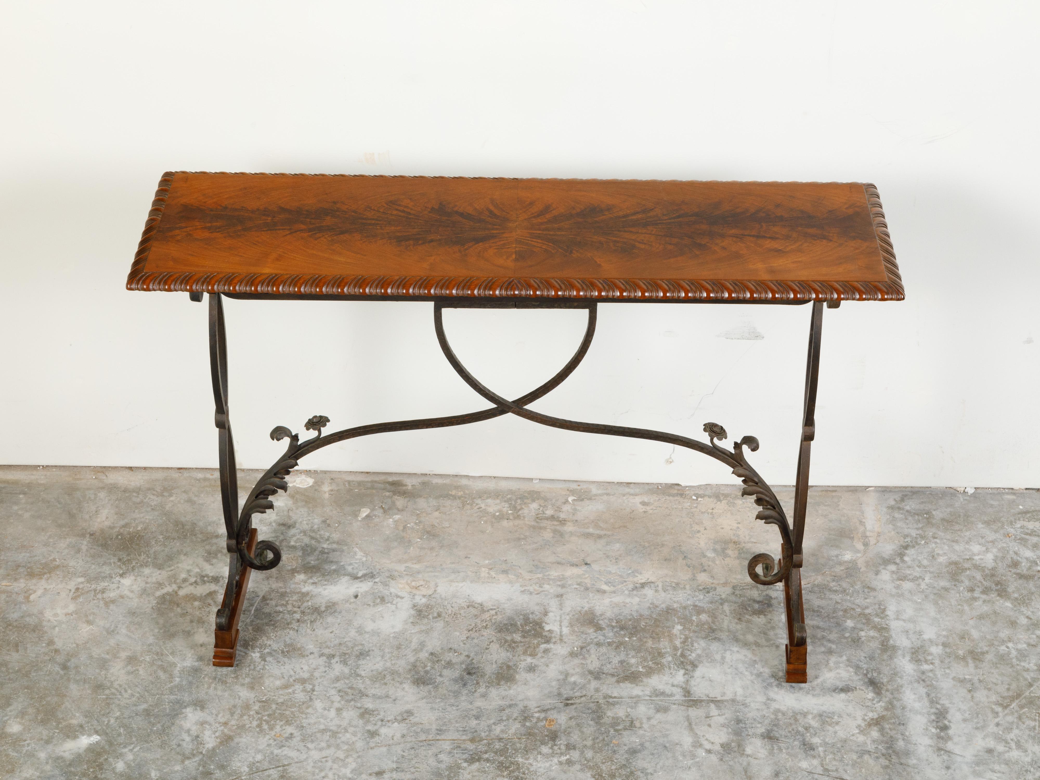 Italian 1900s Console Table with Walnut Butterfly Veneered Top and Iron Base In Good Condition For Sale In Atlanta, GA
