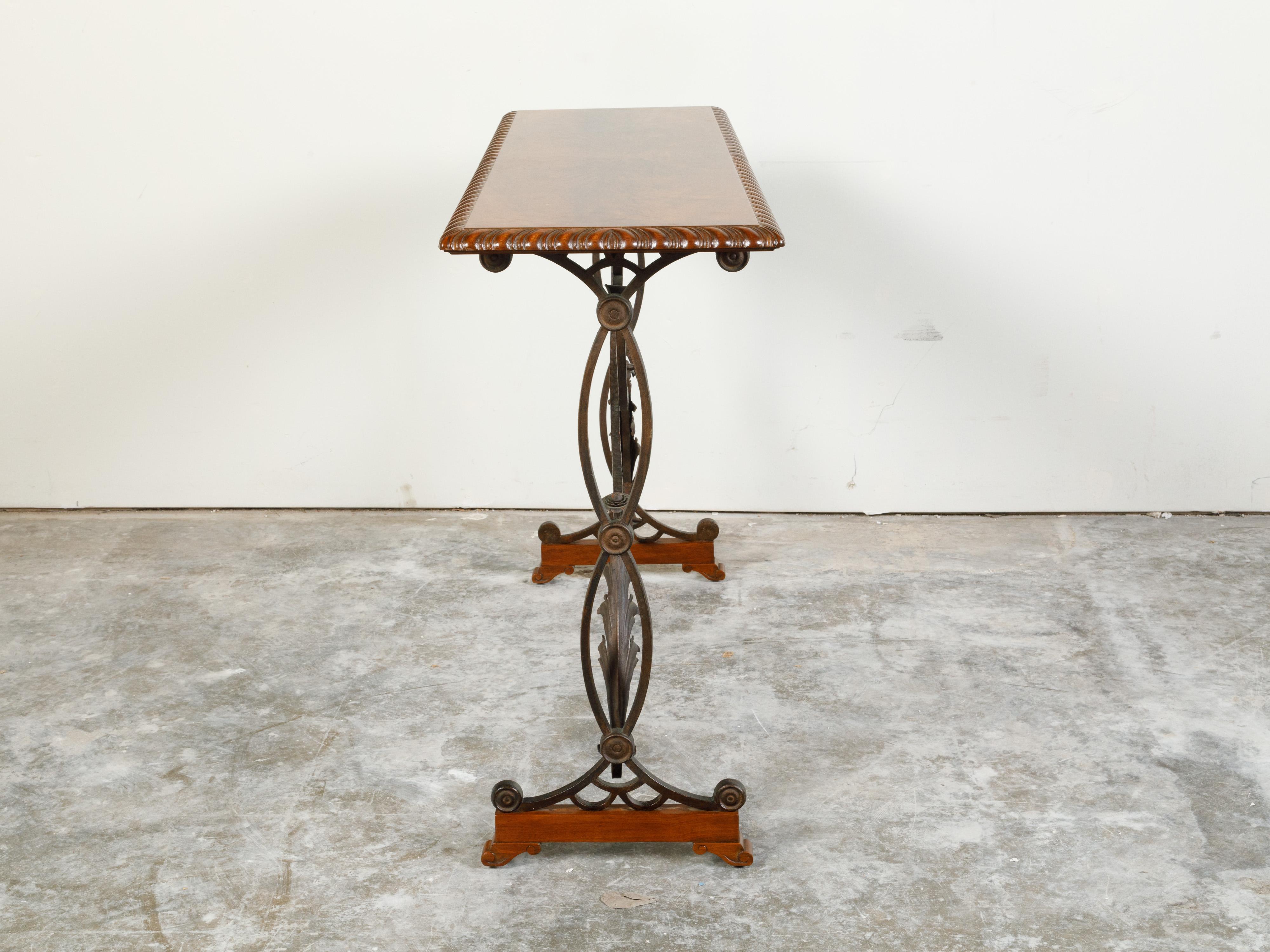 Italian 1900s Console Table with Walnut Butterfly Veneered Top and Iron Base For Sale 2