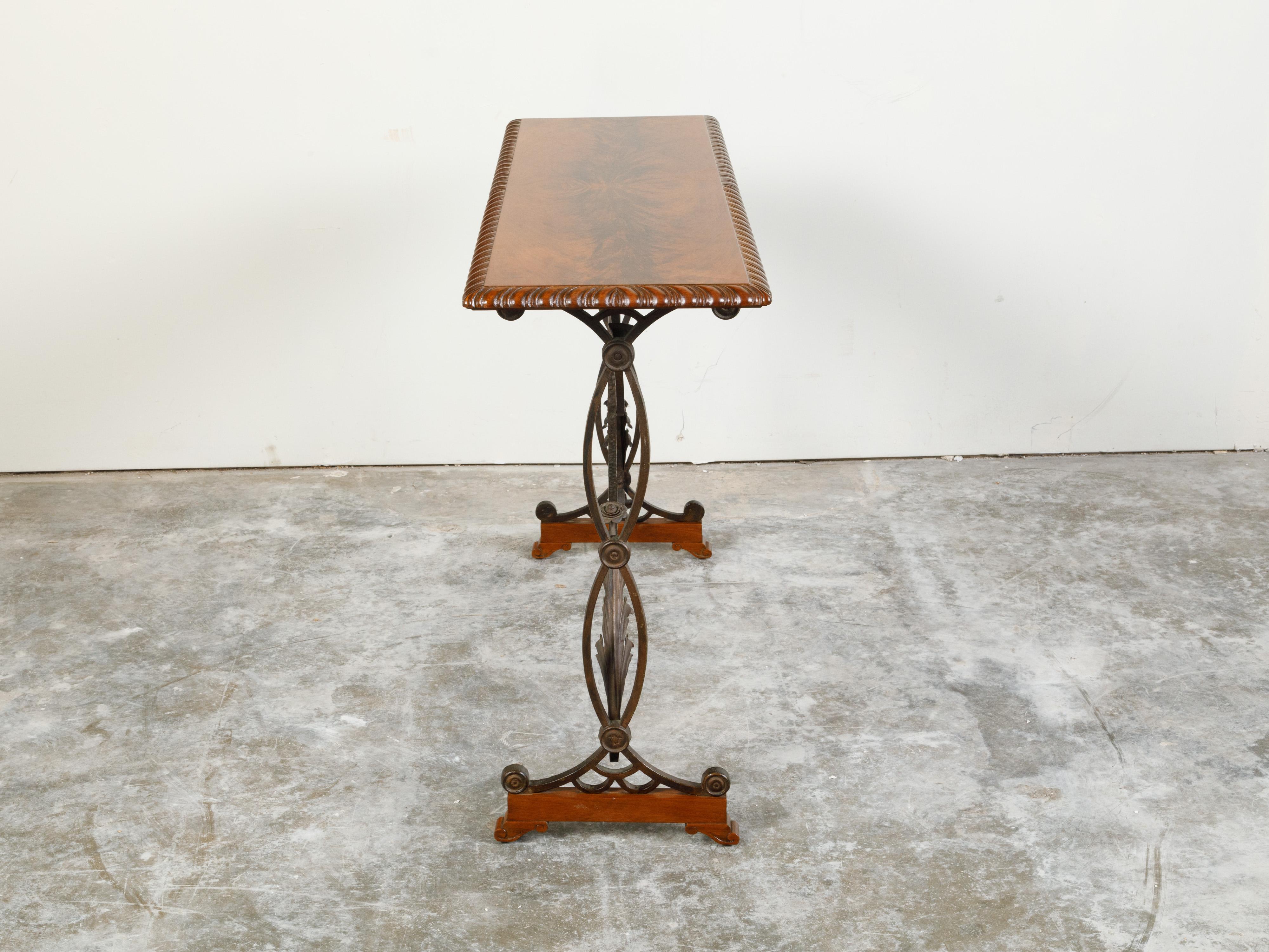 Italian 1900s Console Table with Walnut Butterfly Veneered Top and Iron Base For Sale 4