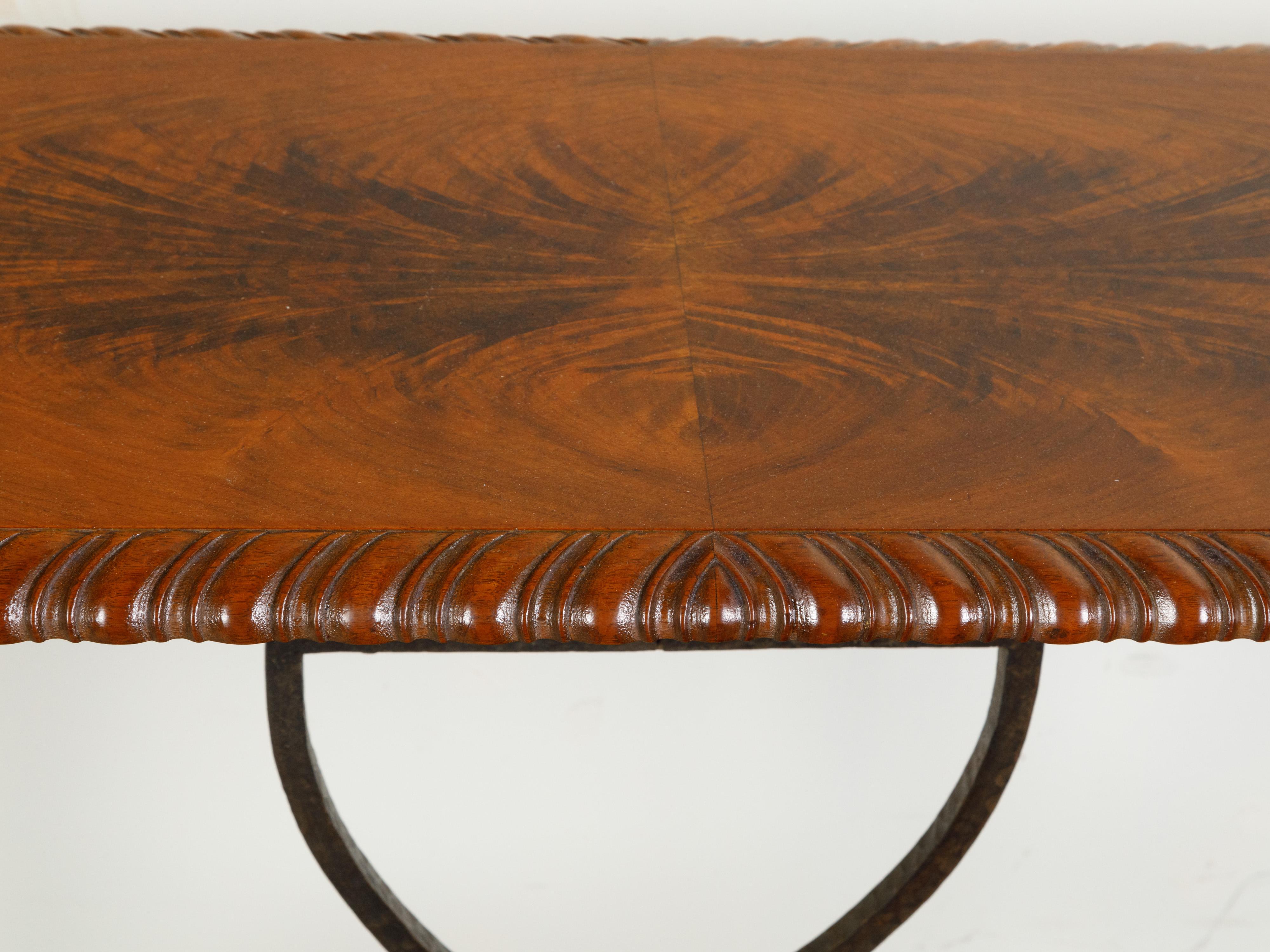 Italian 1900s Console Table with Walnut Butterfly Veneered Top and Iron Base For Sale 5