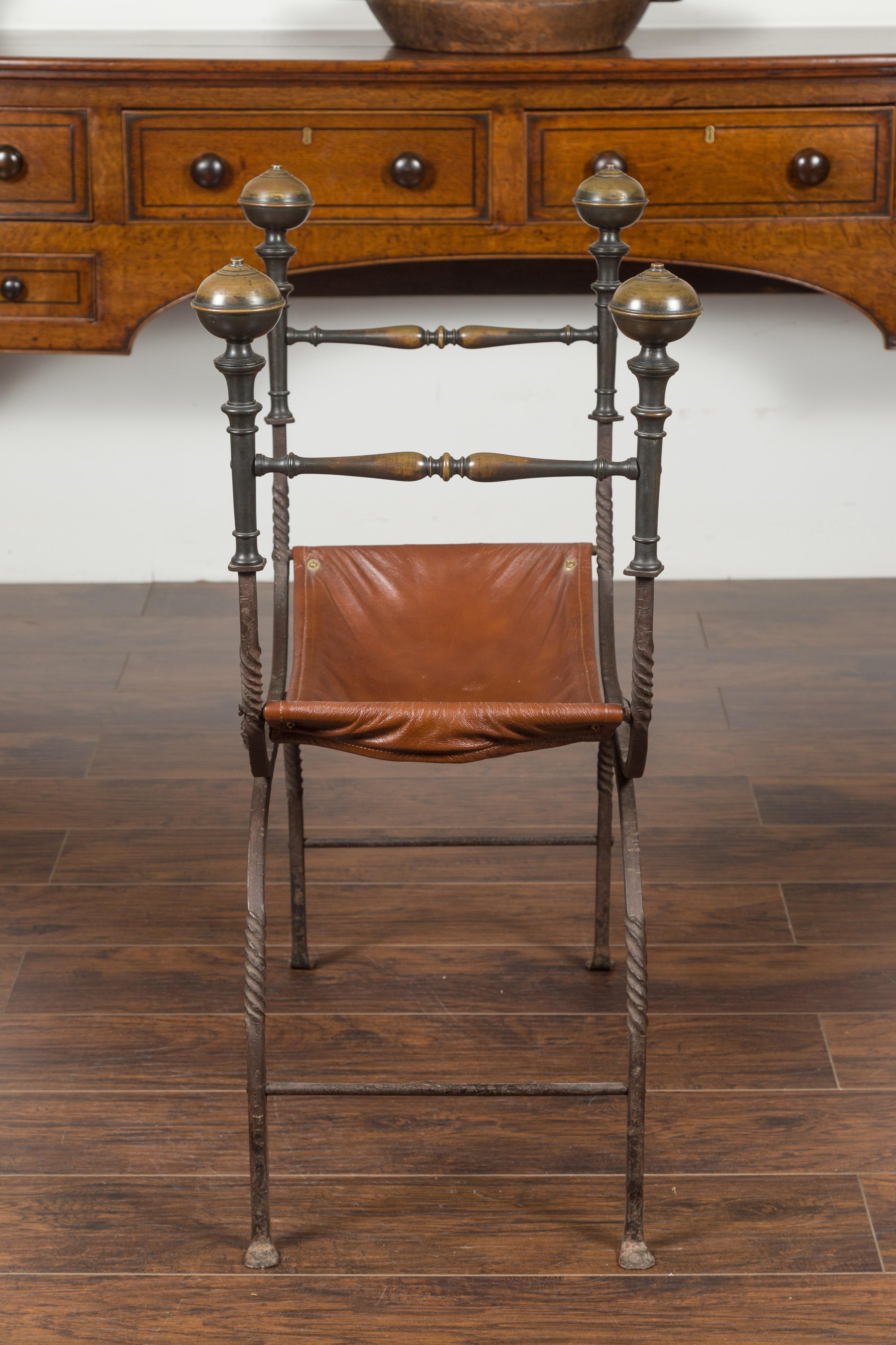 Italian 1900s Leather Seat Iron Folding Curule Stool with Toupie Finials For Sale 7