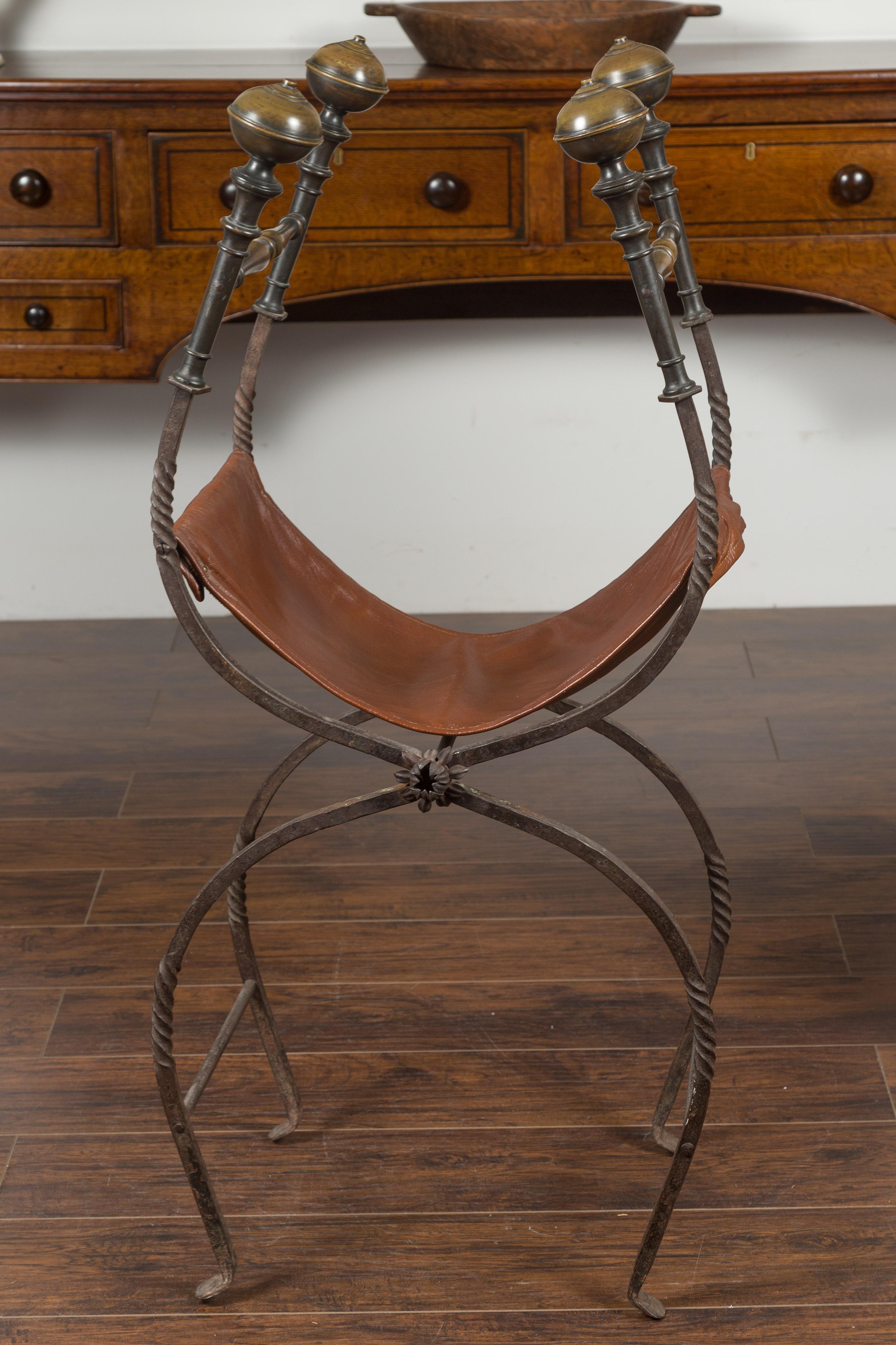 Italian 1900s Leather Seat Iron Folding Curule Stool with Toupie Finials For Sale 11