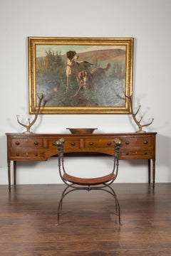 Taburete curul plegable italiano 1900 de hierro con asiento de cuero y remates de tupi