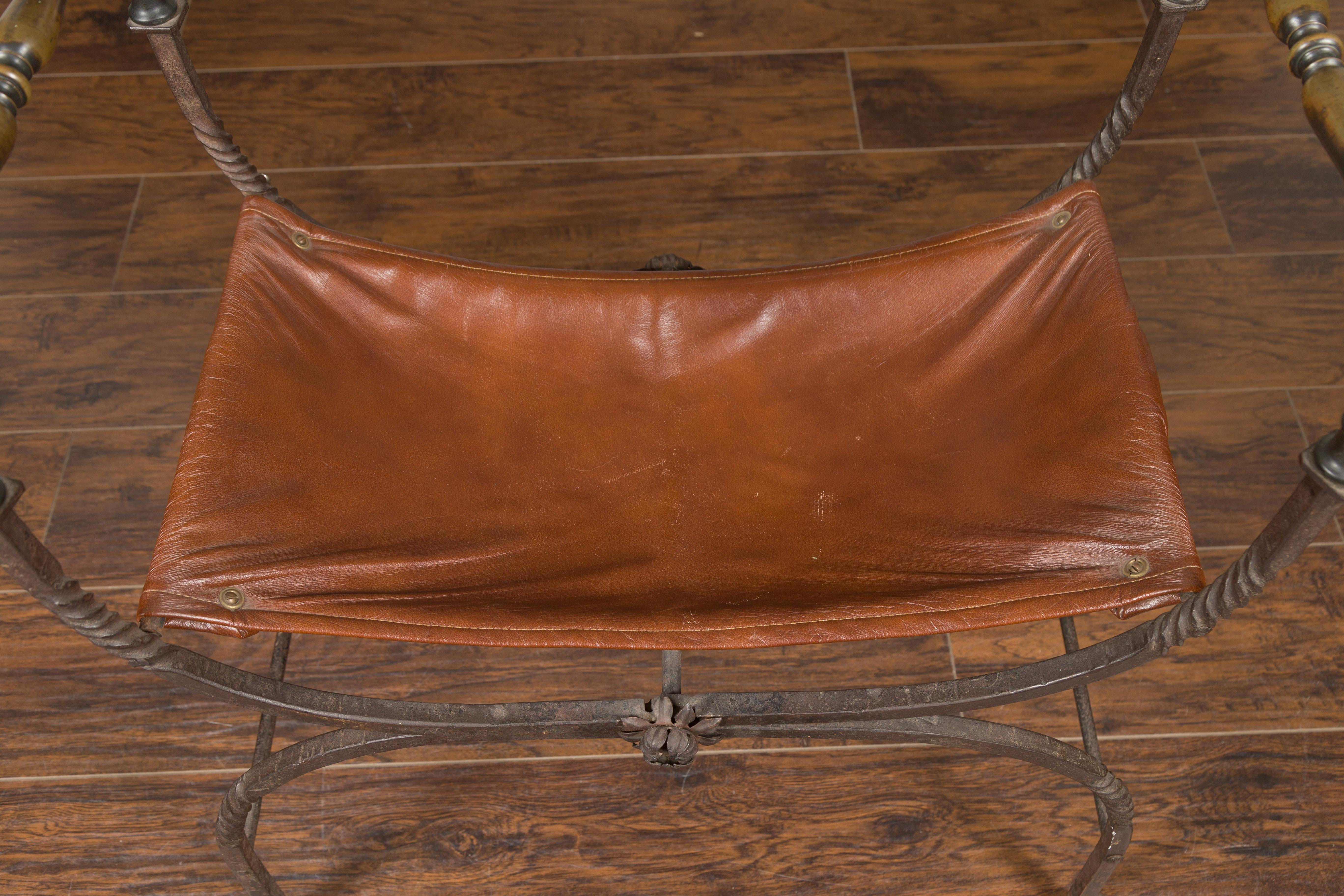 Italian 1900s Leather Seat Iron Folding Curule Stool with Toupie Finials For Sale 3
