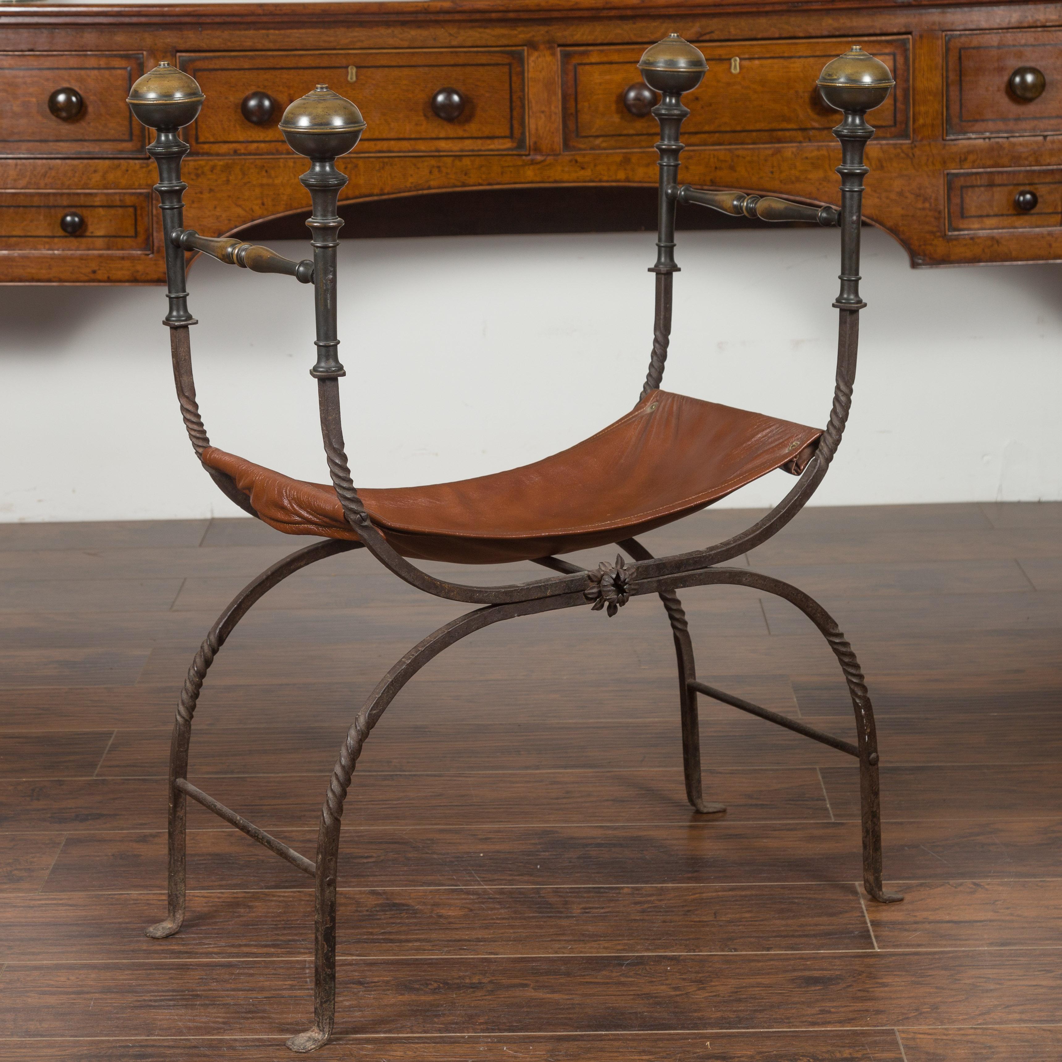 Italian 1900s Leather Seat Iron Folding Curule Stool with Toupie Finials For Sale 4
