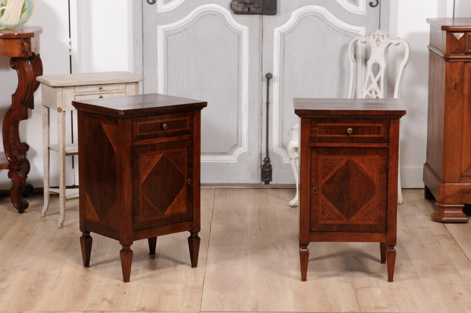 Neoclassical Italian 1900s Walnut and Mahogany Bedside Tables with Scrolling Marquetry