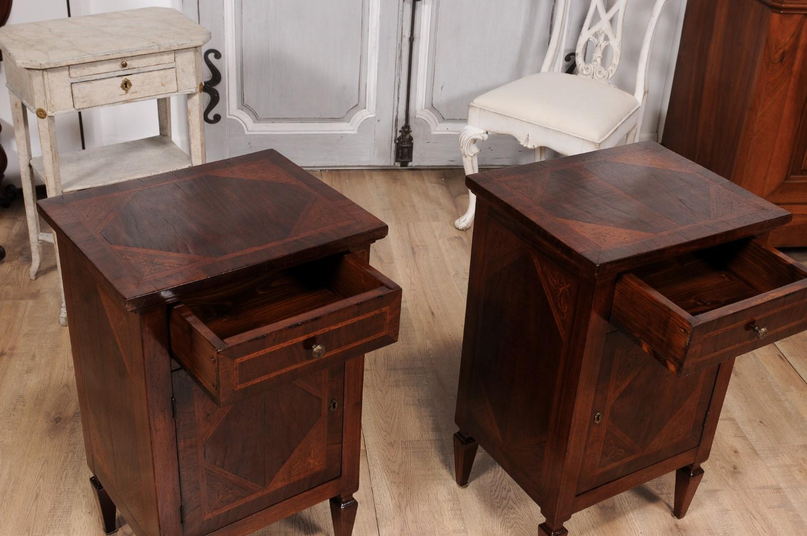 20th Century Italian 1900s Walnut and Mahogany Bedside Tables with Scrolling Marquetry