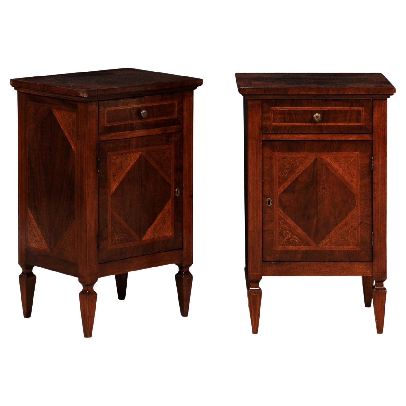 Italian 1900s Walnut and Mahogany Bedside Tables with Scrolling Marquetry